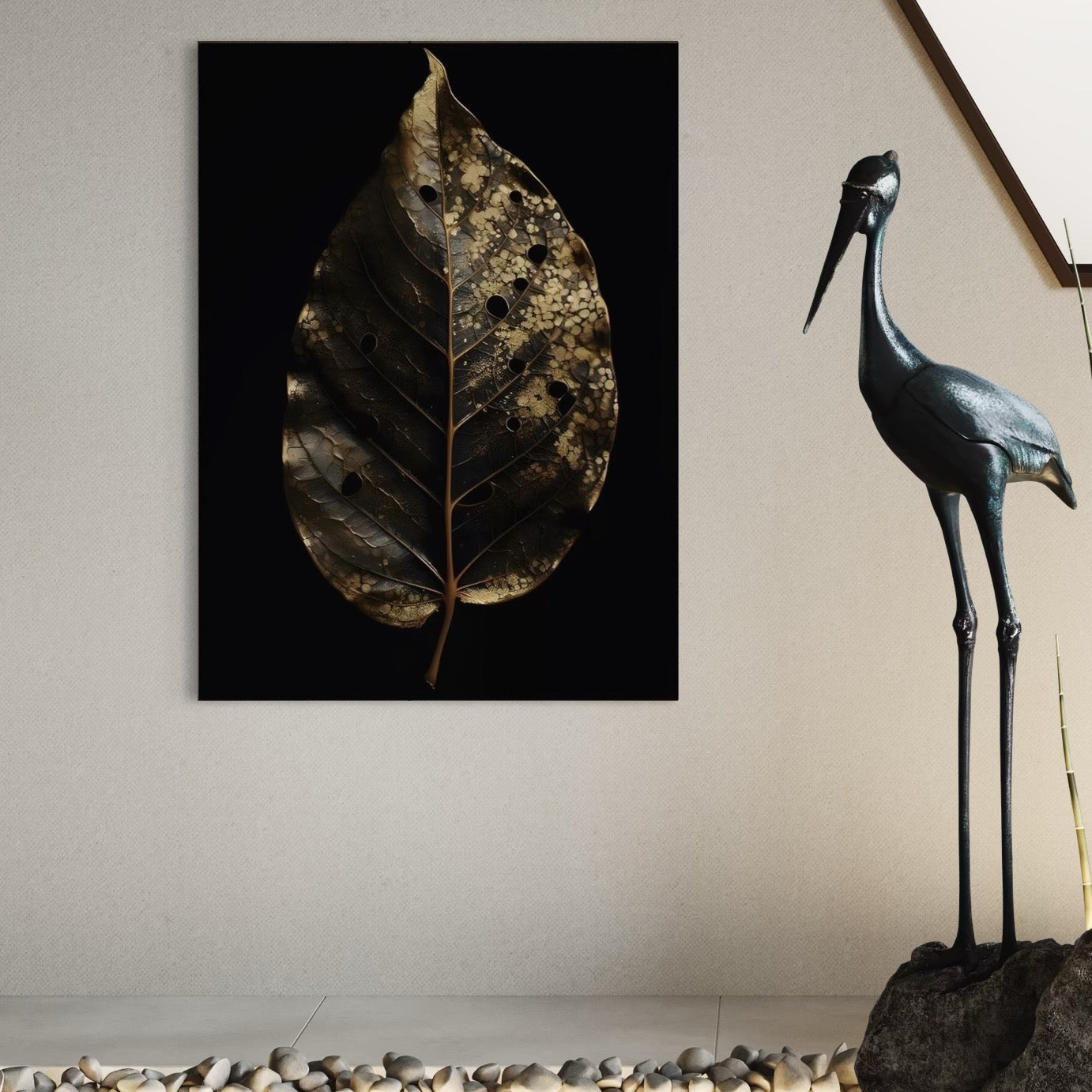 Tablou Canvas Premium, LuxCanva® A1530, Black Leaf , Living, Decorativ, Frunza, Natura, Auriu, Culori Vibrante