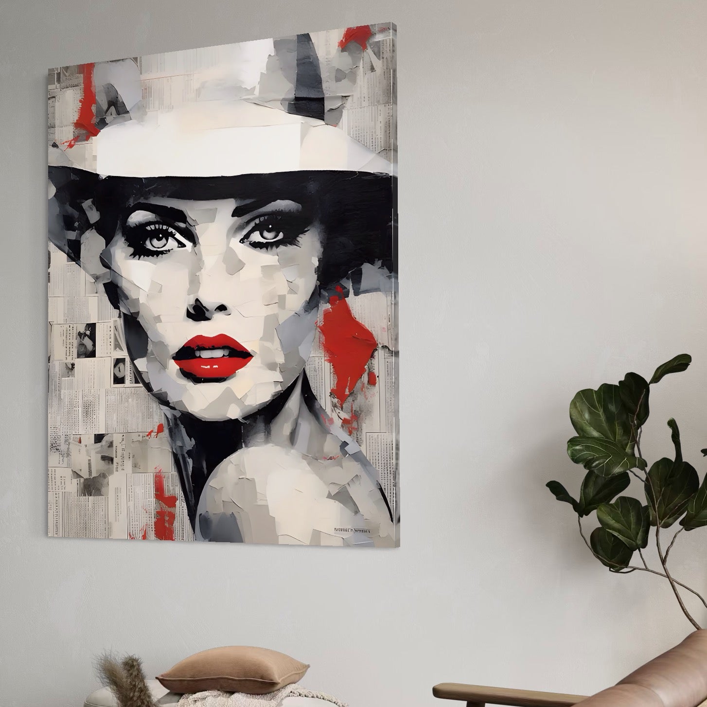 Tablou Canvas Premium LuxCanva® A1532, Madame , Room, Buze Rosii, Palarie, Frumusete, Living, Culori Vibrante