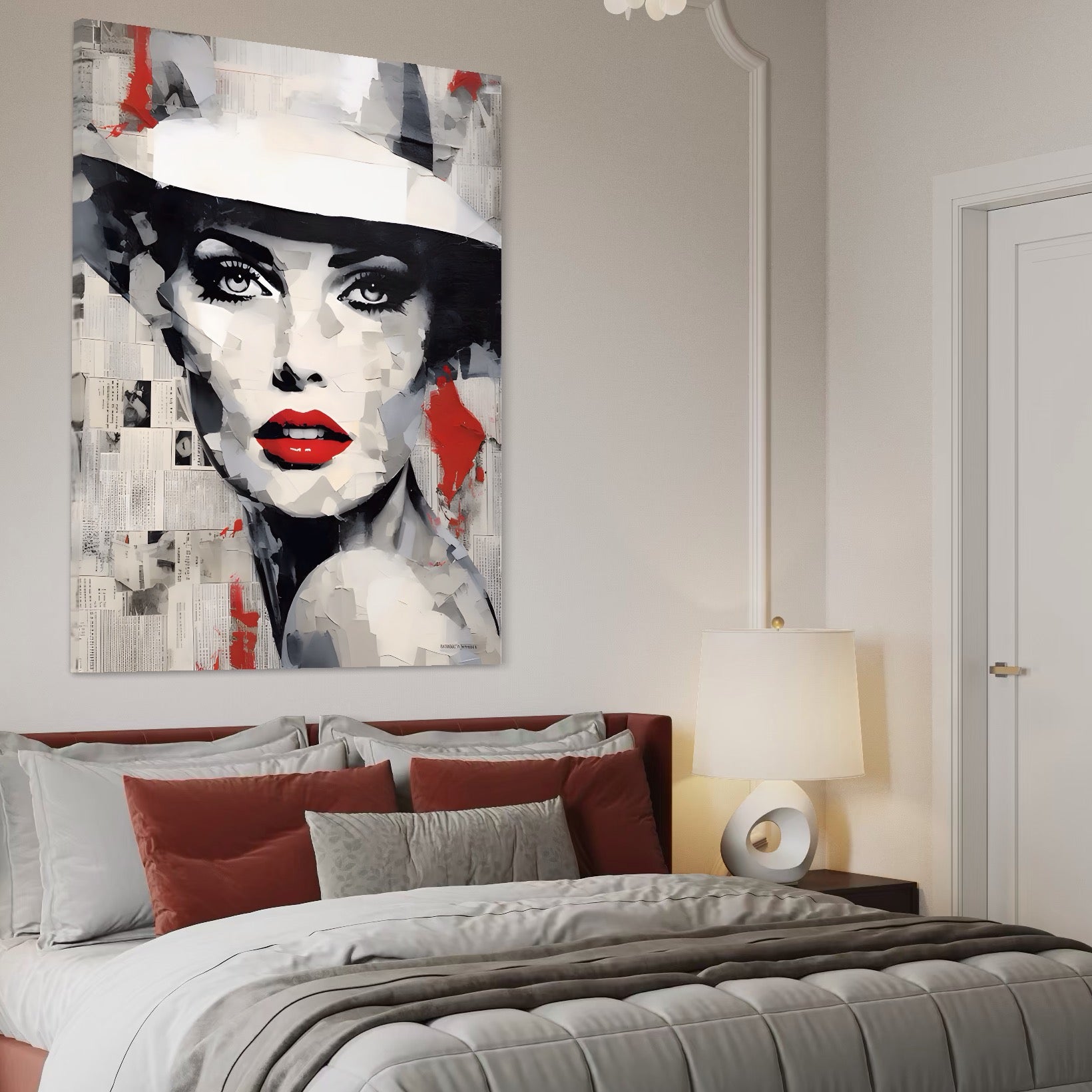 Tablou Canvas Premium LuxCanva® A1532, Madame , Room, Buze Rosii, Palarie, Frumusete, Living, Culori Vibrante