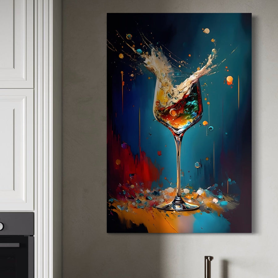 Tabloul LuxCanva® Tablou Canvas Premium A1533 prezintă stropi vibranți și picături de gheață colorate într-o temă de cocktail, perfectă pentru a adăuga energie dinamică bucătăriilor moderne sau spațiilor de restaurant cu tonuri neutre.