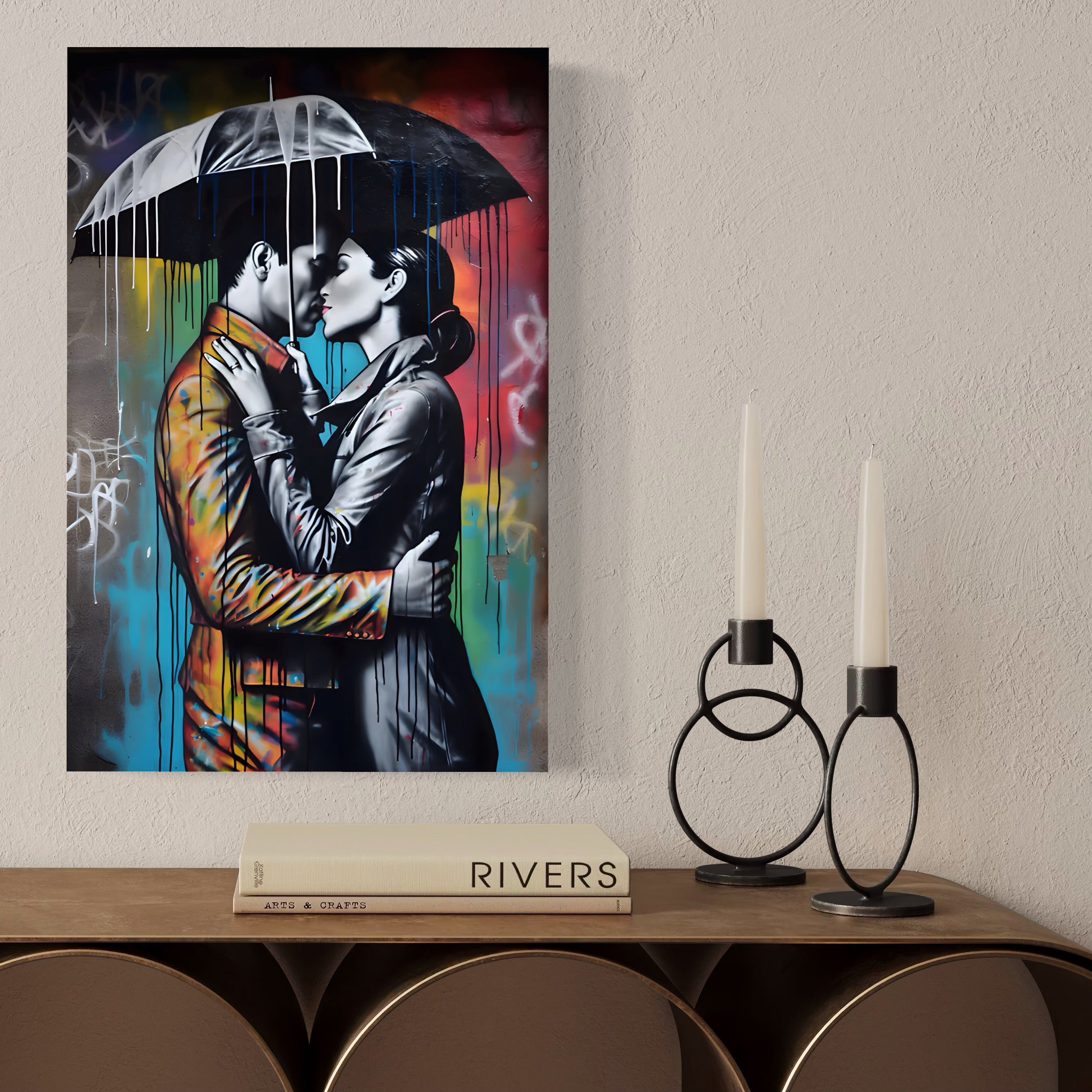 Tablou Canvas Premium LuxCanva® A1540, Romantic Rain , Dormitor, Cuplu, Ploaie, Umbrela, Living, Culori Vibrante