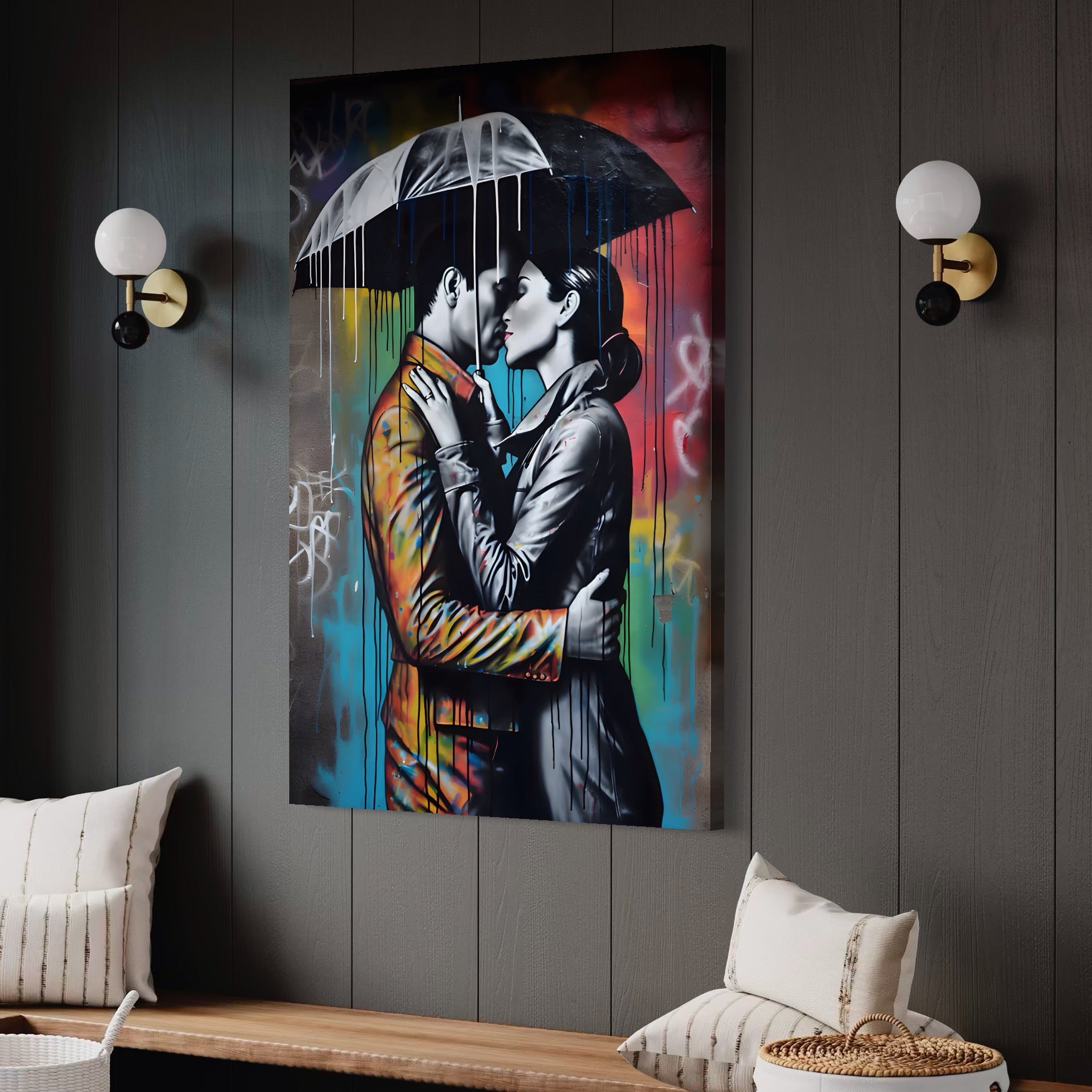 Tablou Canvas Premium LuxCanva® A1540, Romantic Rain , Dormitor, Cuplu, Ploaie, Umbrela, Living, Culori Vibrante