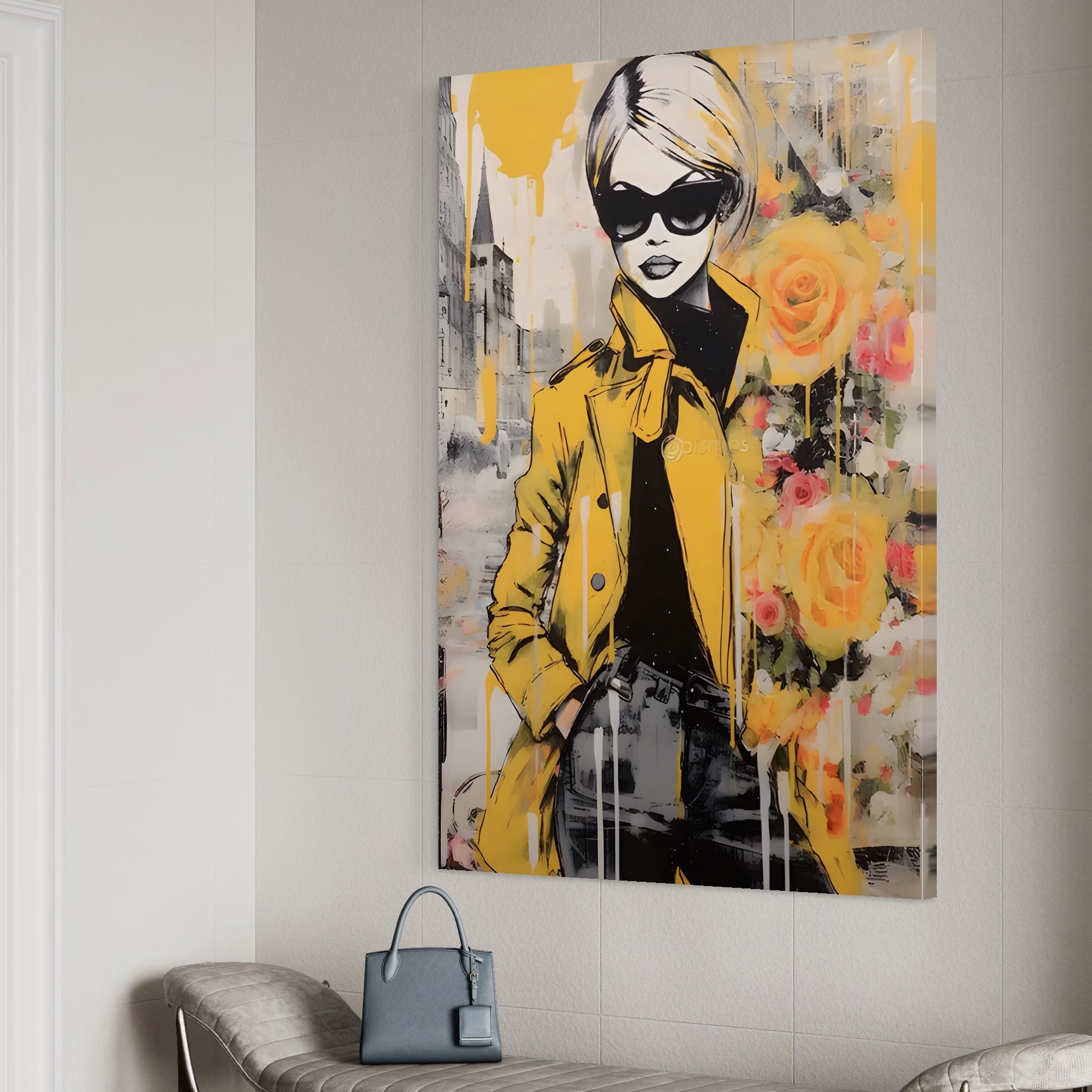 Tablou Canvas Premium LuxCanva® A1536, Yellow Style , Dressing, Femeie, Moda, Ochelari De Soare, Decorativ, Culori Vibrante