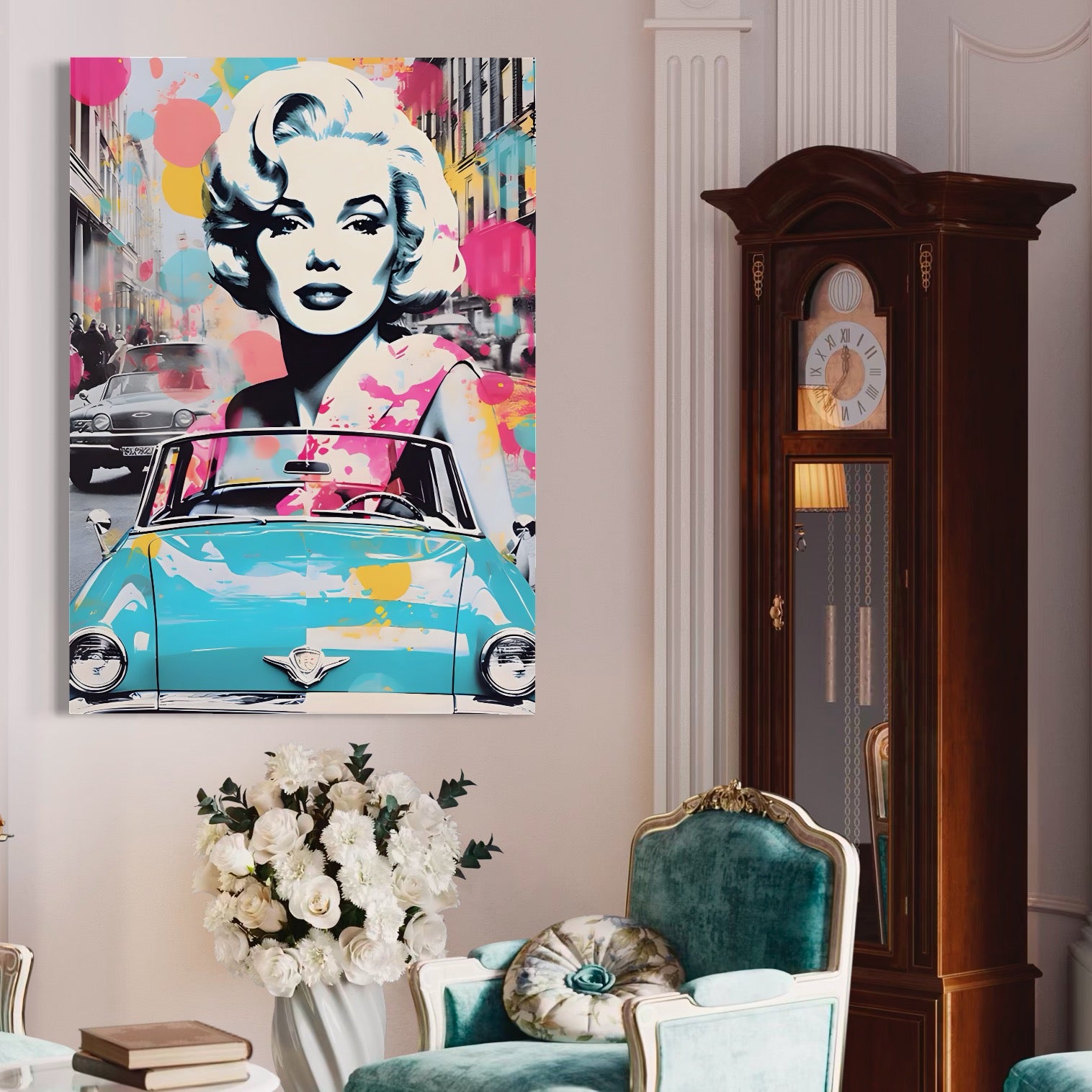 Tablou Canvas Premium LuxCanva® A1539, Merilyn M , Dormitor, Sexi, Vedeta, Model, Masina, Living, Culori Vibrante