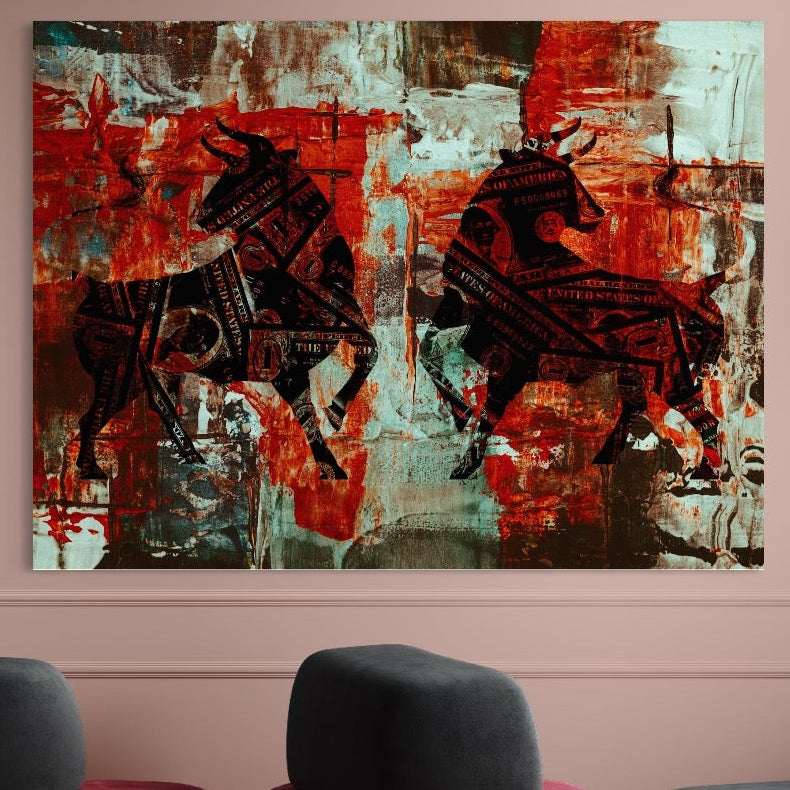 Tablou Canvas Premium, LuxCanva® A1041, Bull Market, Bull, Dollar, Financiar, Money, Culori Vibrante