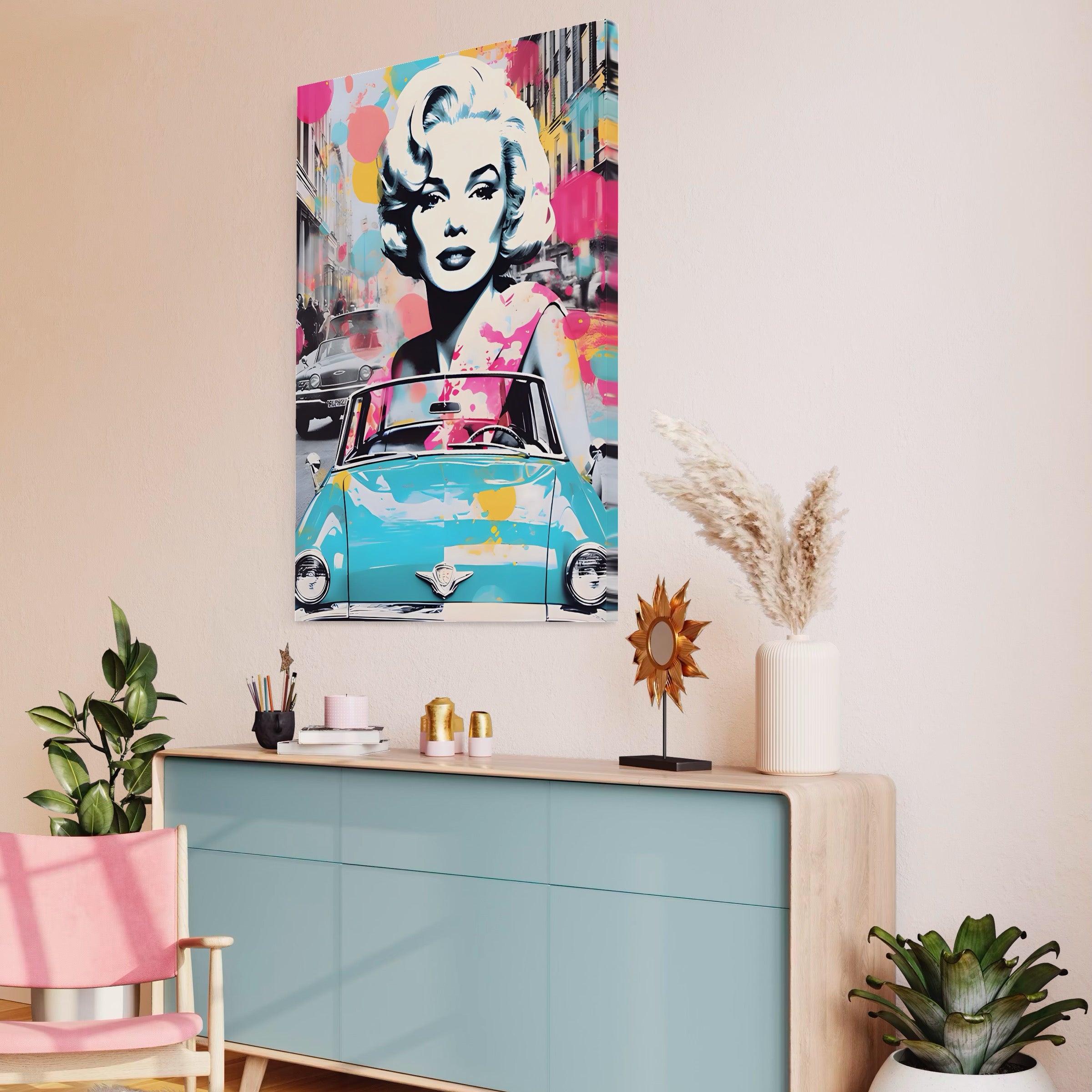 Tablou Canvas Premium LuxCanva® A1539, Merilyn M , Dormitor, Sexi, Vedeta, Model, Masina, Living, Culori Vibrante