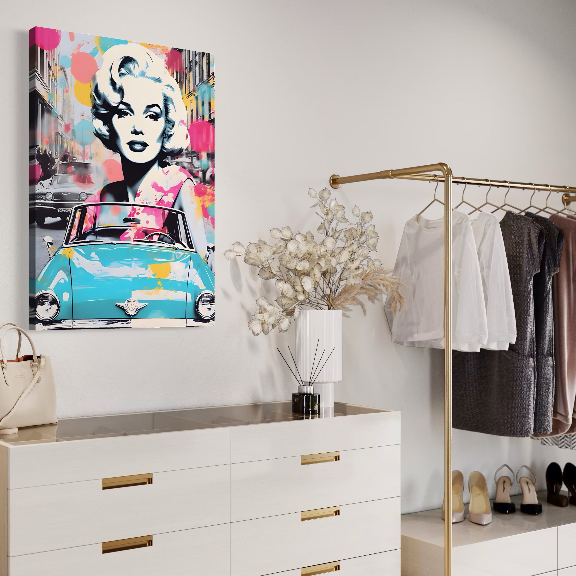 Tablou Canvas Premium LuxCanva® A1539, Merilyn M , Dormitor, Sexi, Vedeta, Model, Masina, Living, Culori Vibrante