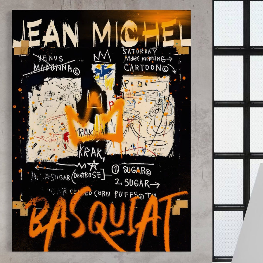 Tablou Canvas Premium LuxCanva® A1538 prezintă un artwork graffiti Jean-Michel Basquiat, cu coroană aurie și inscripția "BASQUIAT", imprimat pe pânză bumbac de calitate premium. Ideal pentru living, cu culori vibrante.