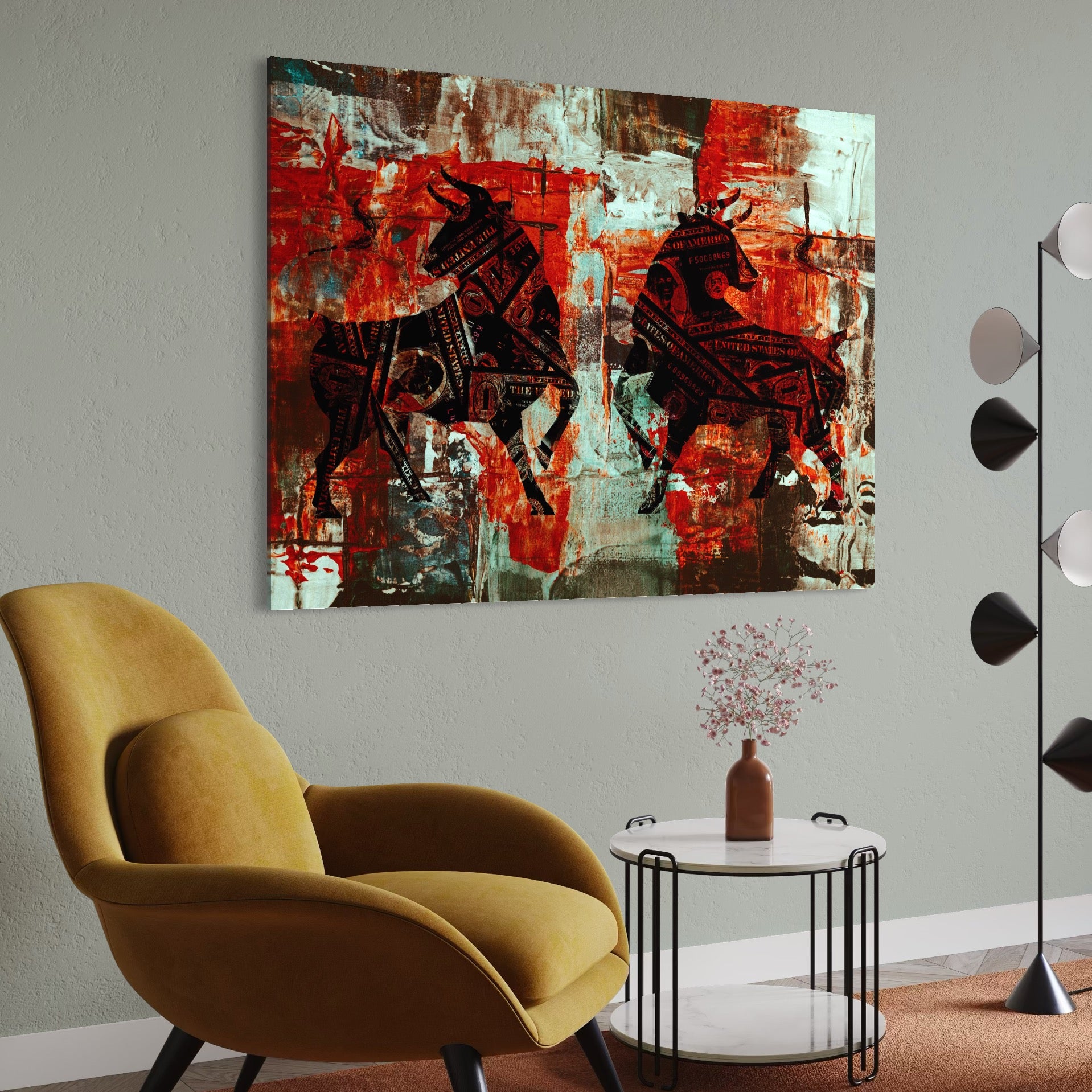 Tablou Canvas Premium, LuxCanva® A1041, Bull Market, Bull, Dollar, Financiar, Money, Culori Vibrante