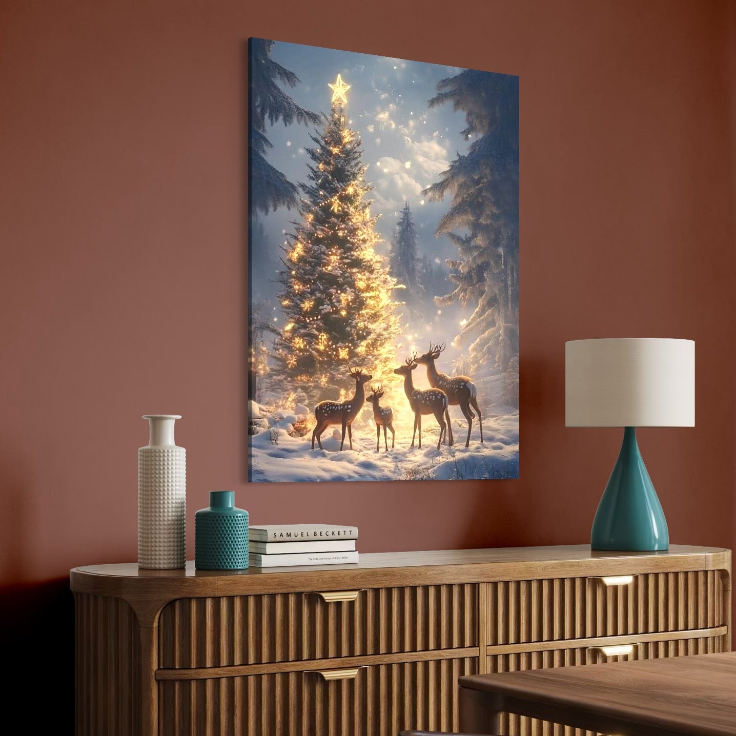 Tablou Canvas Premium, LuxCanva® D1103, Ingerii Padurii, Iarna, Noapte, Senina, Grup, Cerbi, Brad, Impodobit, Padure, Magic, Feerie, Cer, Instelat, Craciun, Farmec, Pace, Living, Dormitor