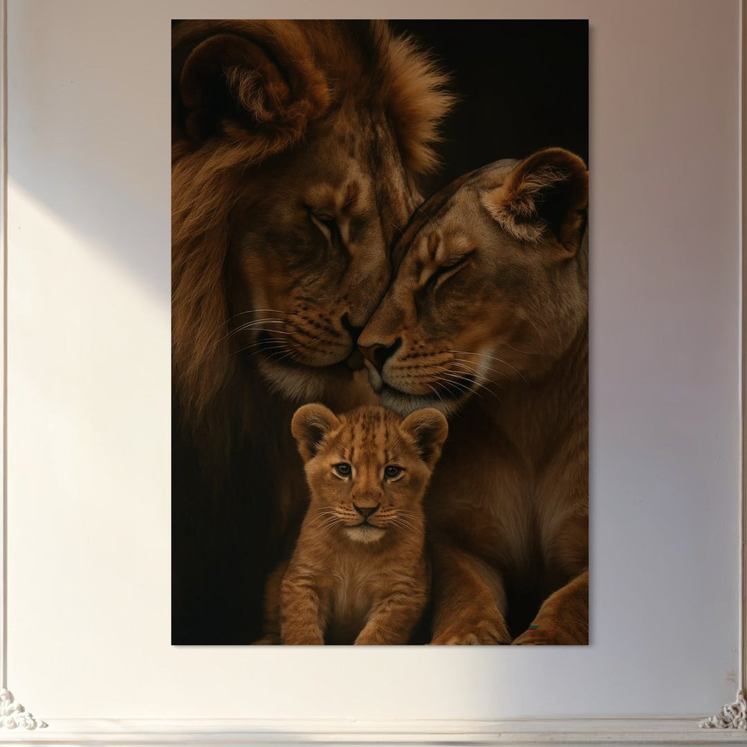 tablou canvas cu trei lei, intr-un portret de familie pe fundal negru