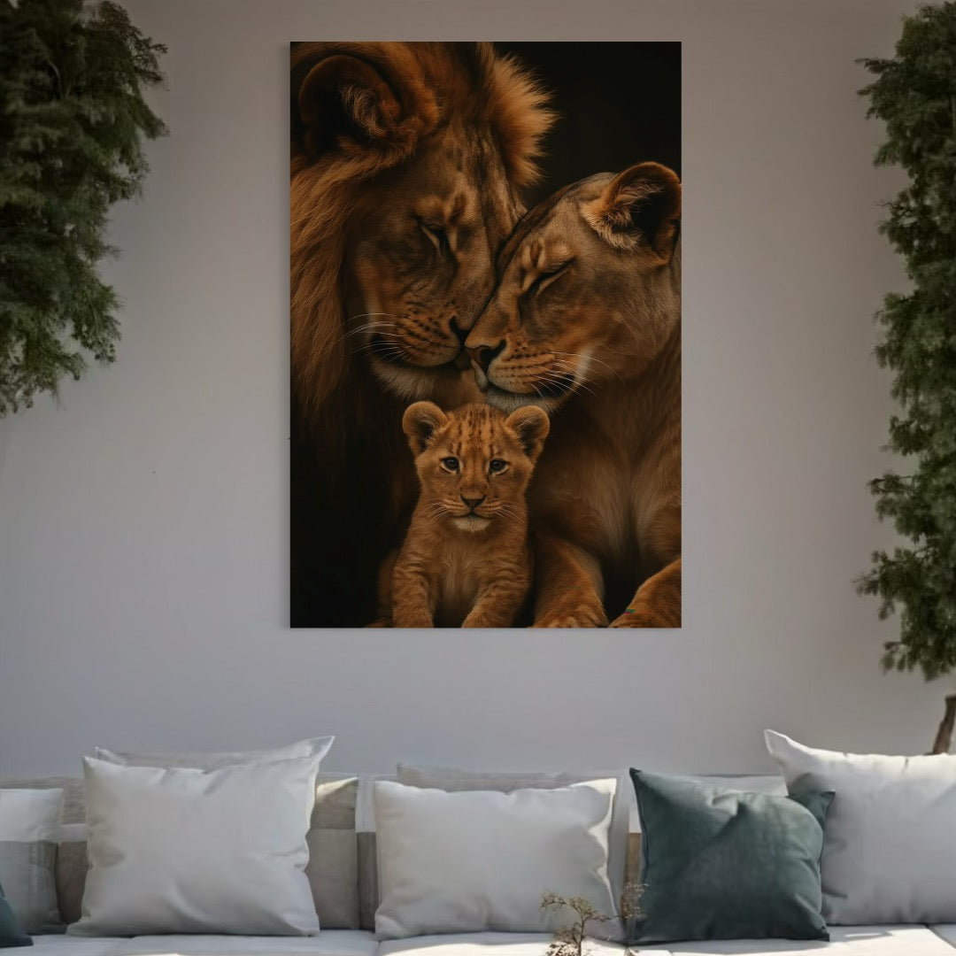 tablou canvas cu trei lei, intr-un portret de familie pe fundal negru