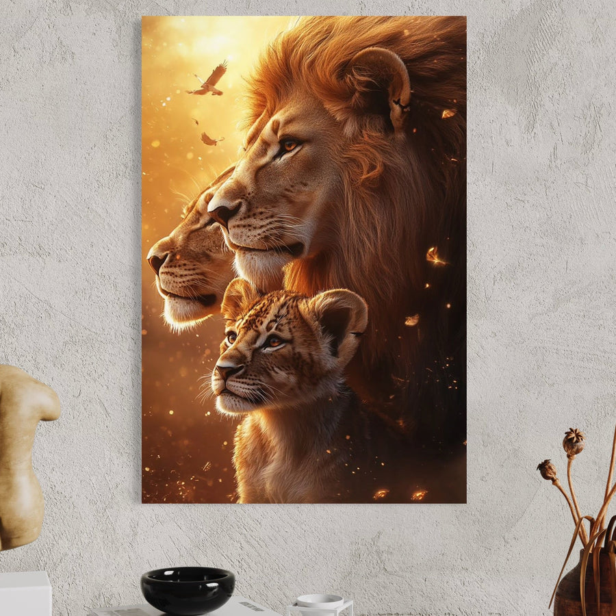 tablou canvas cu trei lei intr-un portret de familie, pe fundal in culori calde si accente aurii