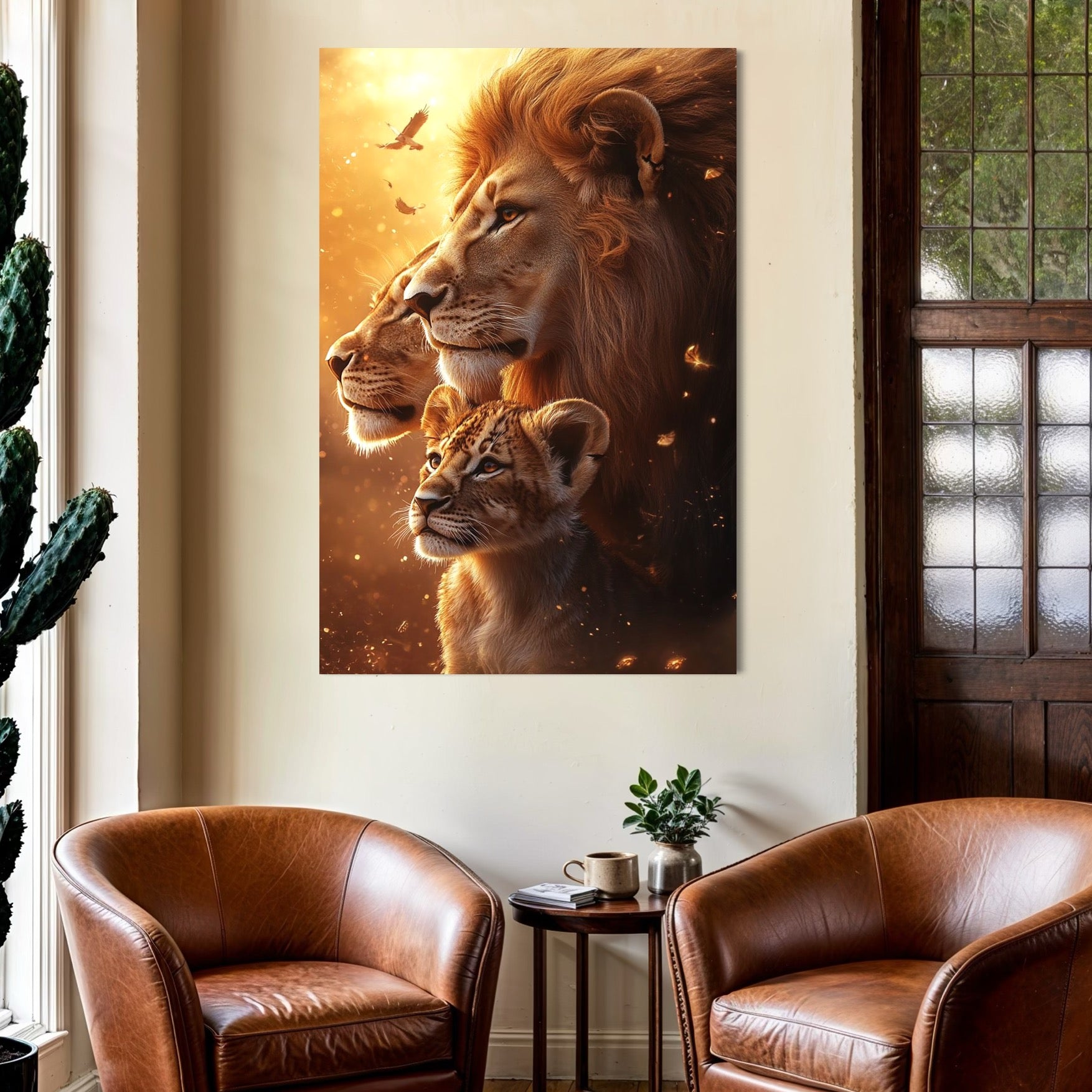 tablou canvas cu trei lei intr-un portret de familie, pe fundal in culori calde si accente aurii