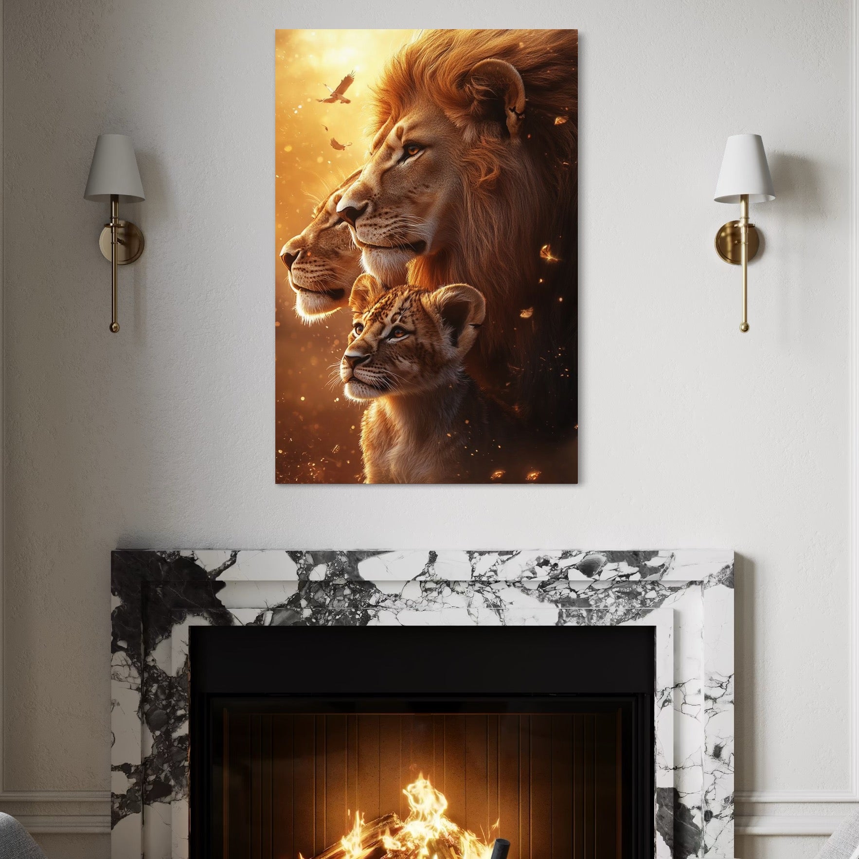 tablou canvas cu trei lei intr-un portret de familie, pe fundal in culori calde si accente aurii