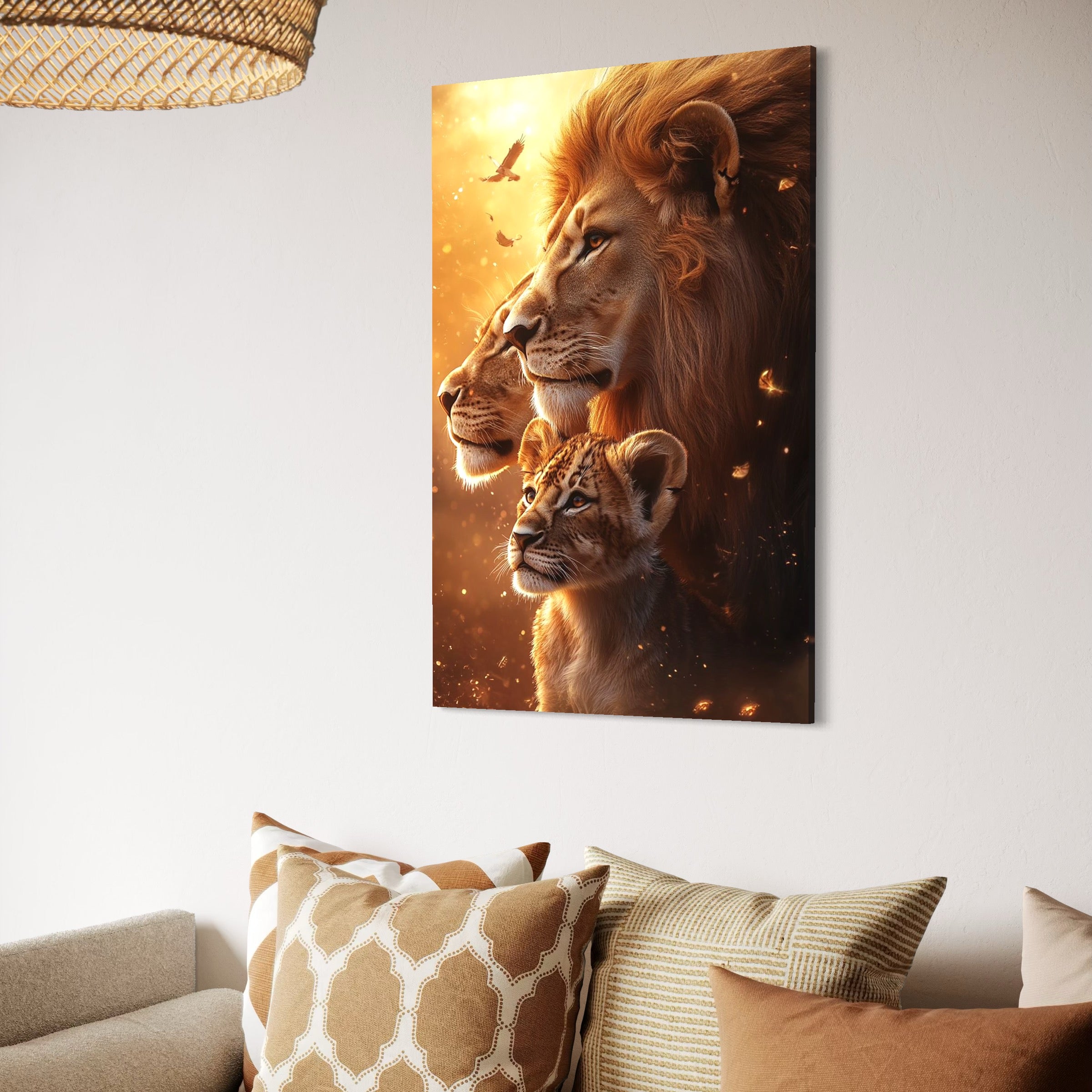 tablou canvas cu trei lei intr-un portret de familie, pe fundal in culori calde si accente aurii