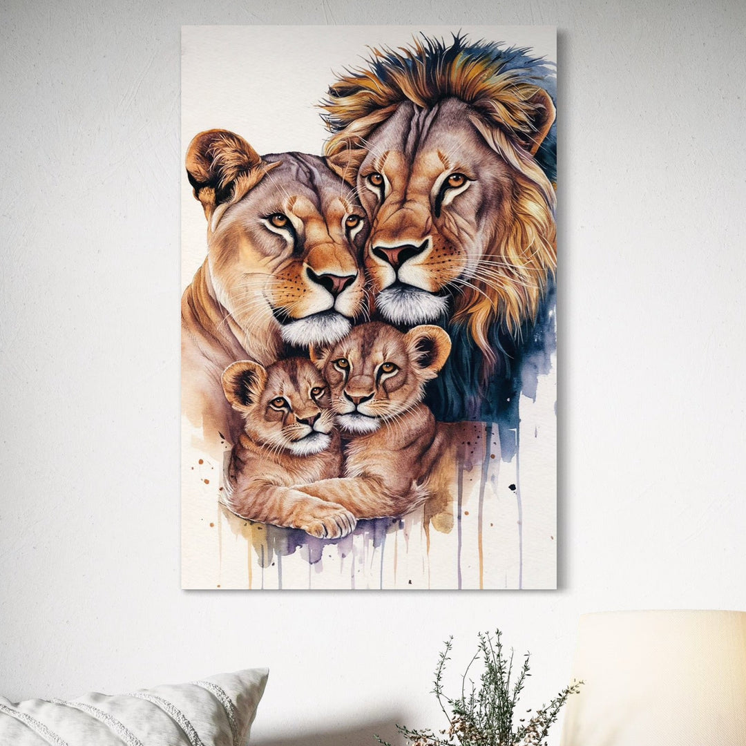 tablou canvas cu patru lei, intr-un portret de familie, pictati in nuante calde si reci pe fundal alb