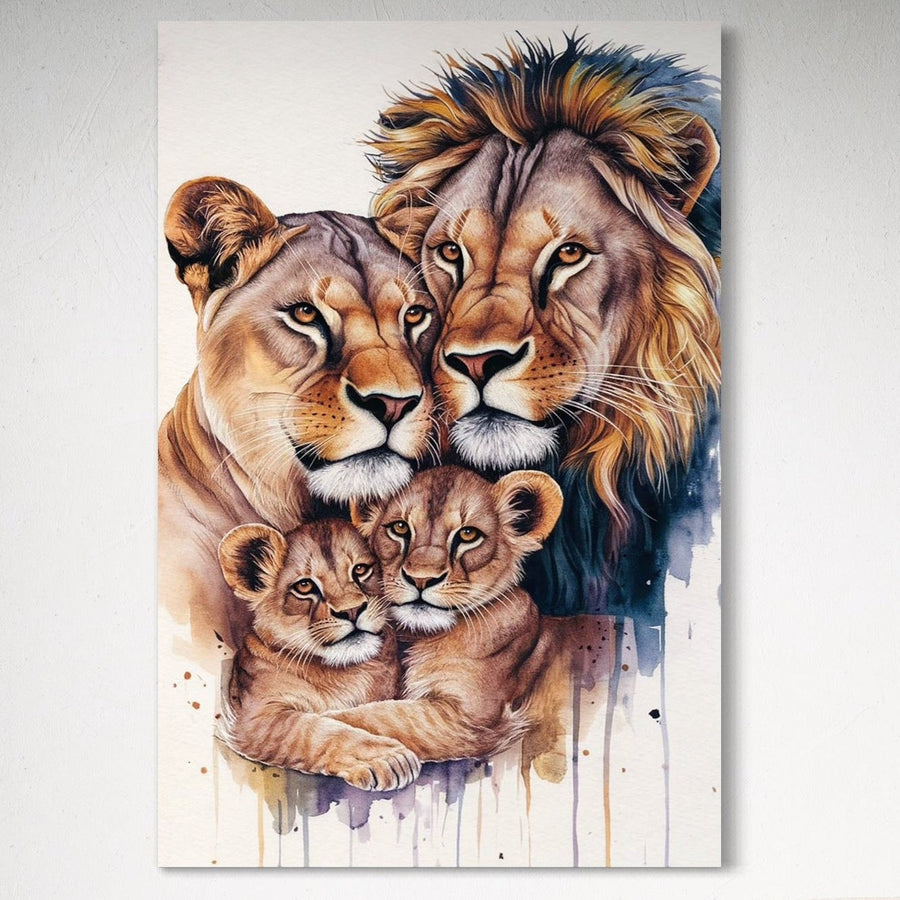 Tablou Canvas Premium LuxCanva® M1546, "Uniti in Lumina": portret acvarelă cu familie de lei - mascul, femelă și doi pui strâns uniți pe fundal alb. Eleganță pentru dormitor, birou sau living.