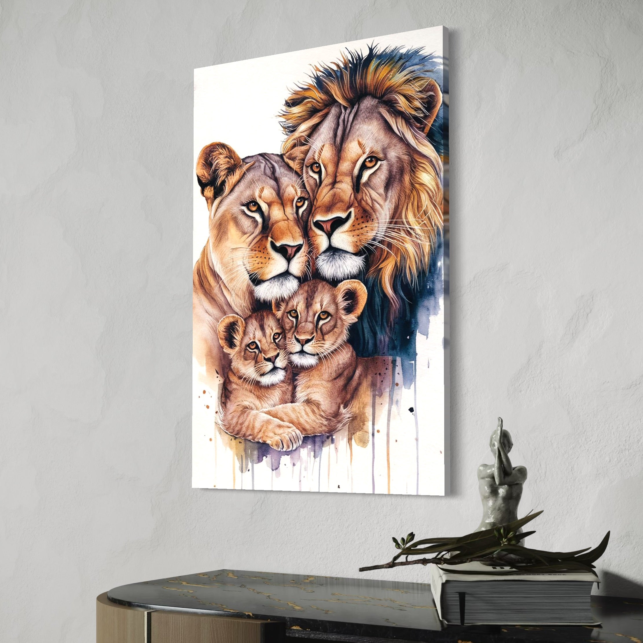 tablou canvas cu patru lei, intr-un portret de familie, pictati in nuante calde si reci pe fundal alb