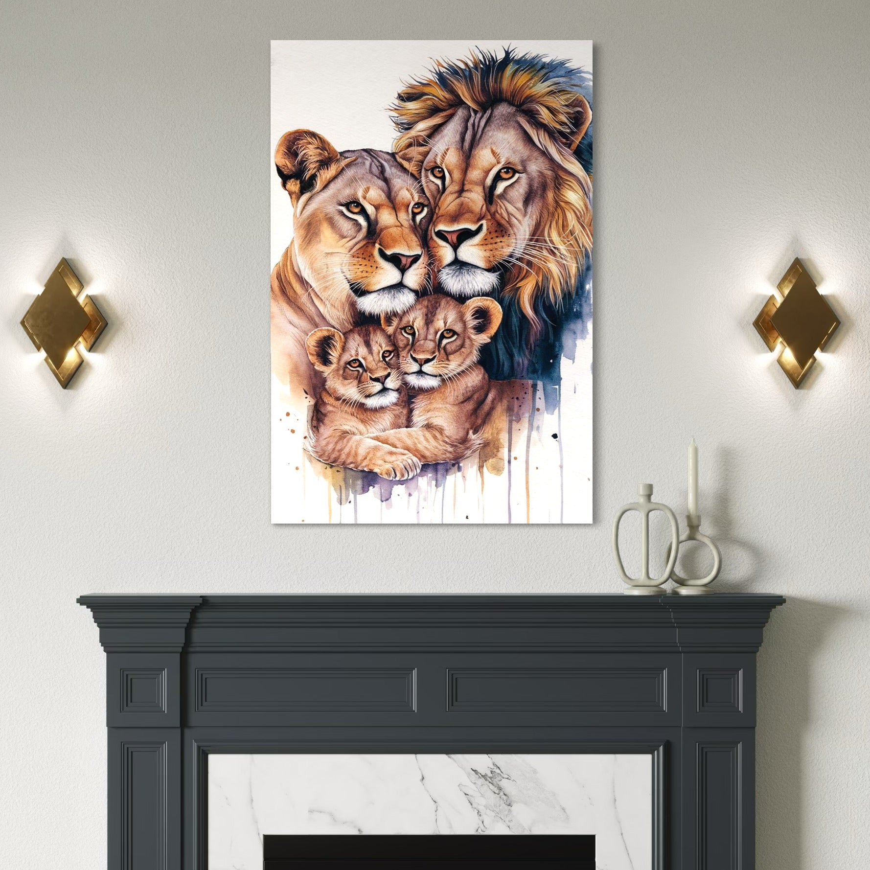 tablou canvas cu patru lei, intr-un portret de familie, pictati in nuante calde si reci pe fundal alb