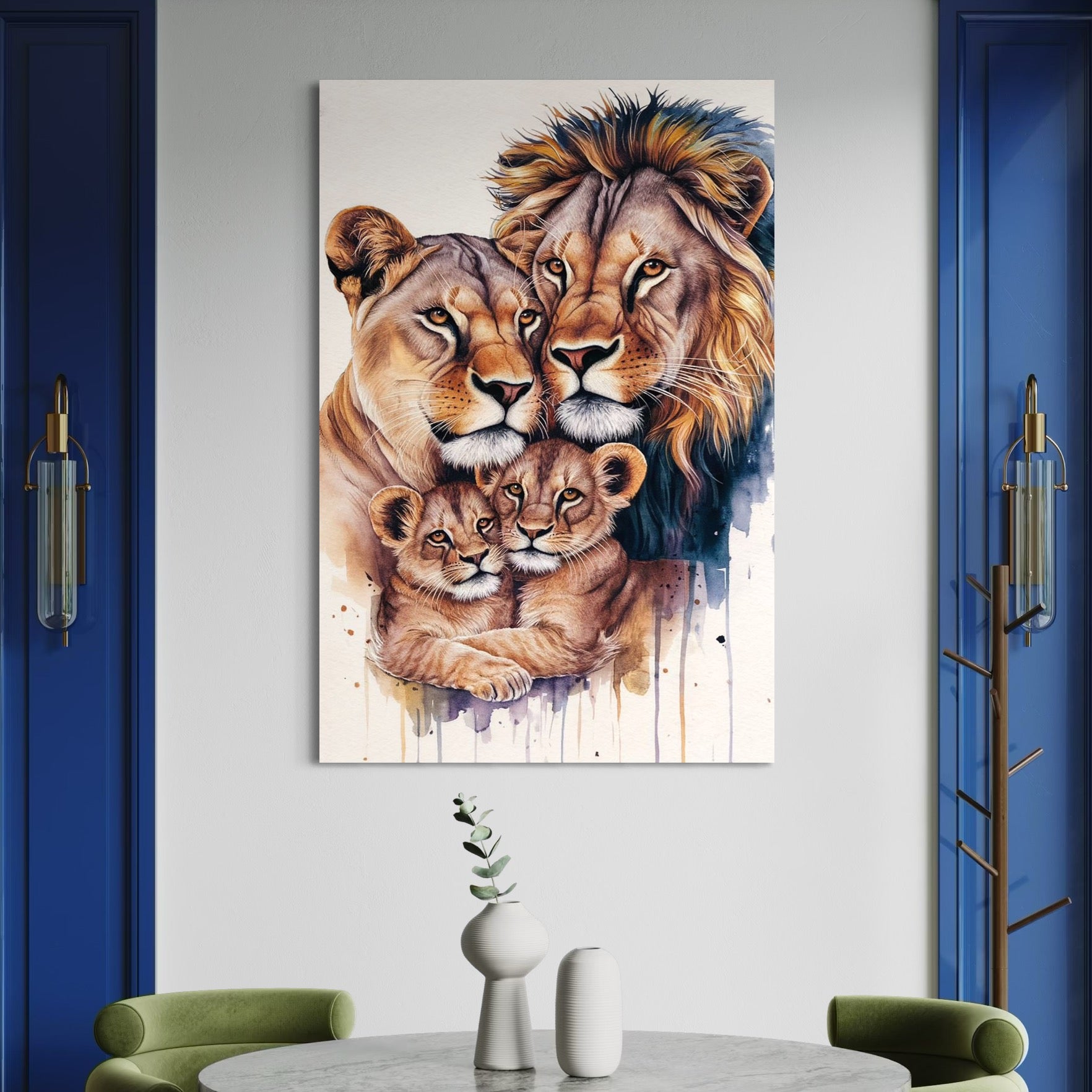 tablou canvas cu patru lei, intr-un portret de familie, pictati in nuante calde si reci pe fundal alb