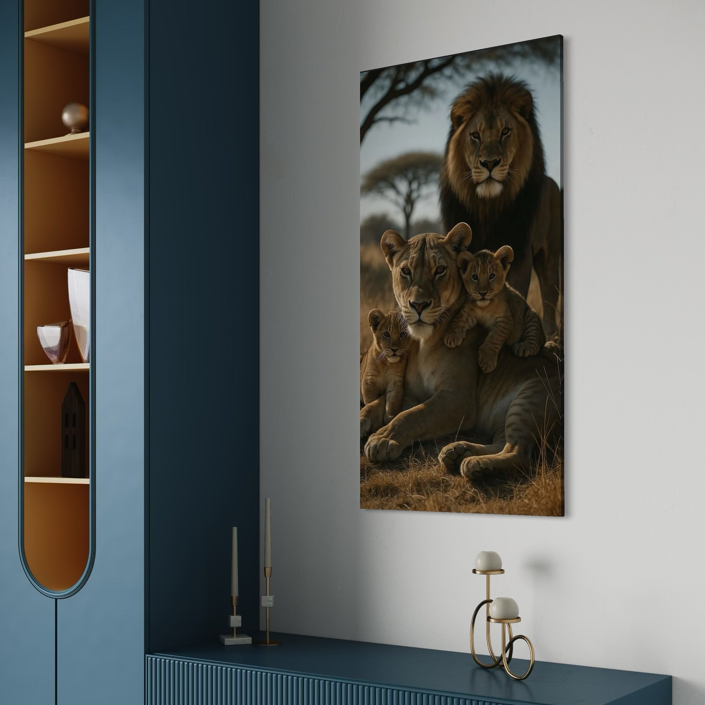 tablou canvas cu o familie de lei cu doi pui, intr-un cadru natural de savana