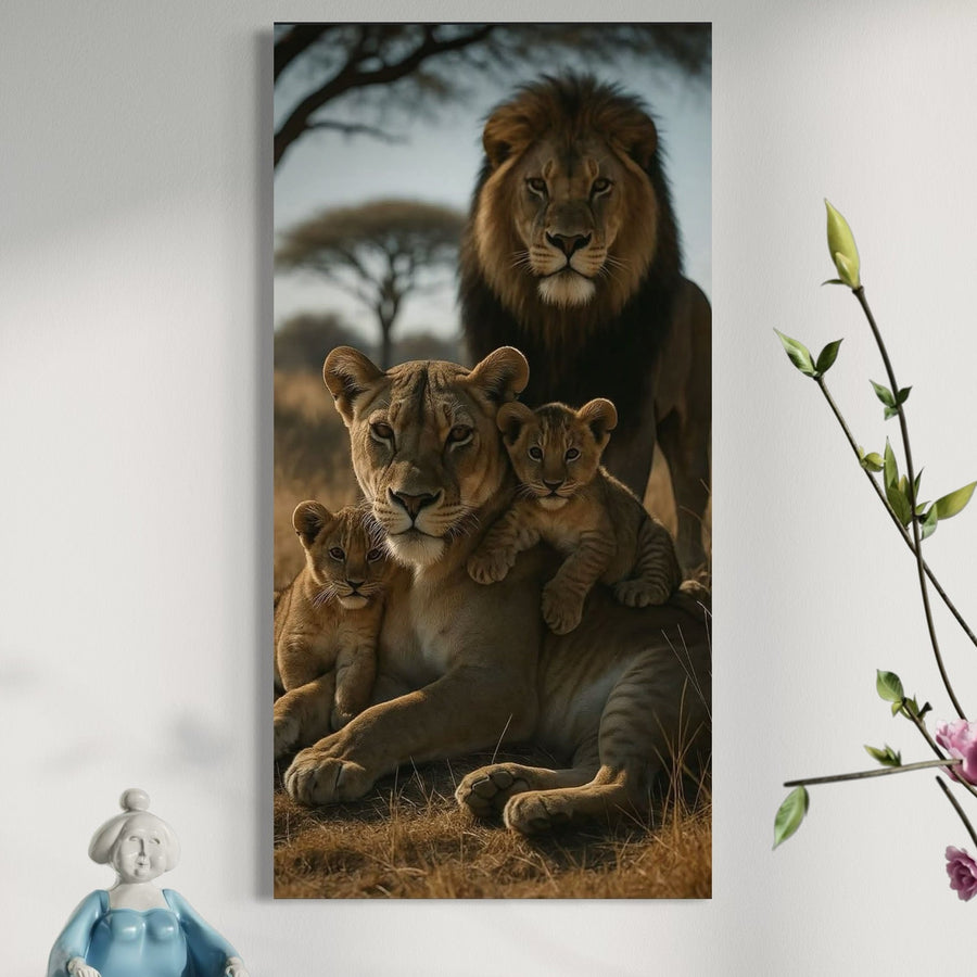 tablou canvas cu o familie de lei cu doi pui, intr-un cadru natural de savana