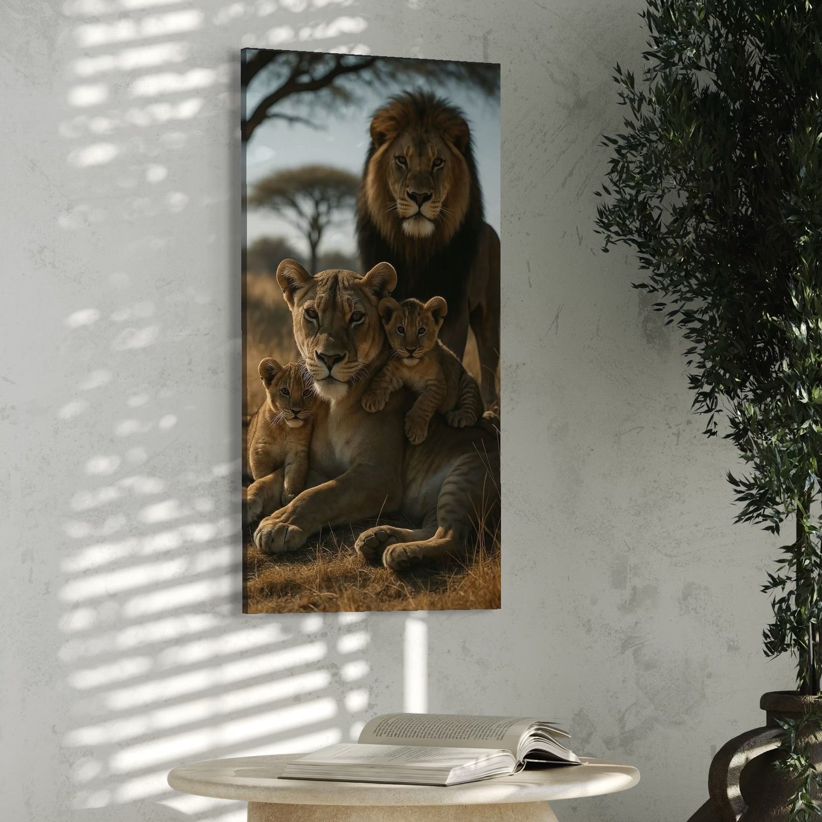 tablou canvas cu o familie de lei cu doi pui, intr-un cadru natural de savana