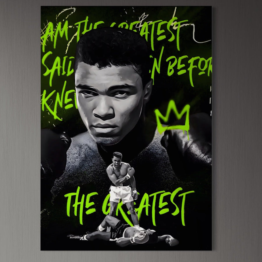 Tablou Canvas Premium LuxCanva® A1545 cu portret vibrant al lui Muhammad Ali, boxer și campion, în stil graffiti verde pe pânză bumbac-print de calitate pentru living, de la LuxCanva®.