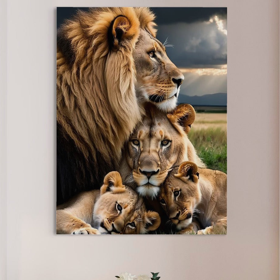 tablou canvas cu o familie de lei, cu doi pui pe fundal cu peisaj luminos din natura