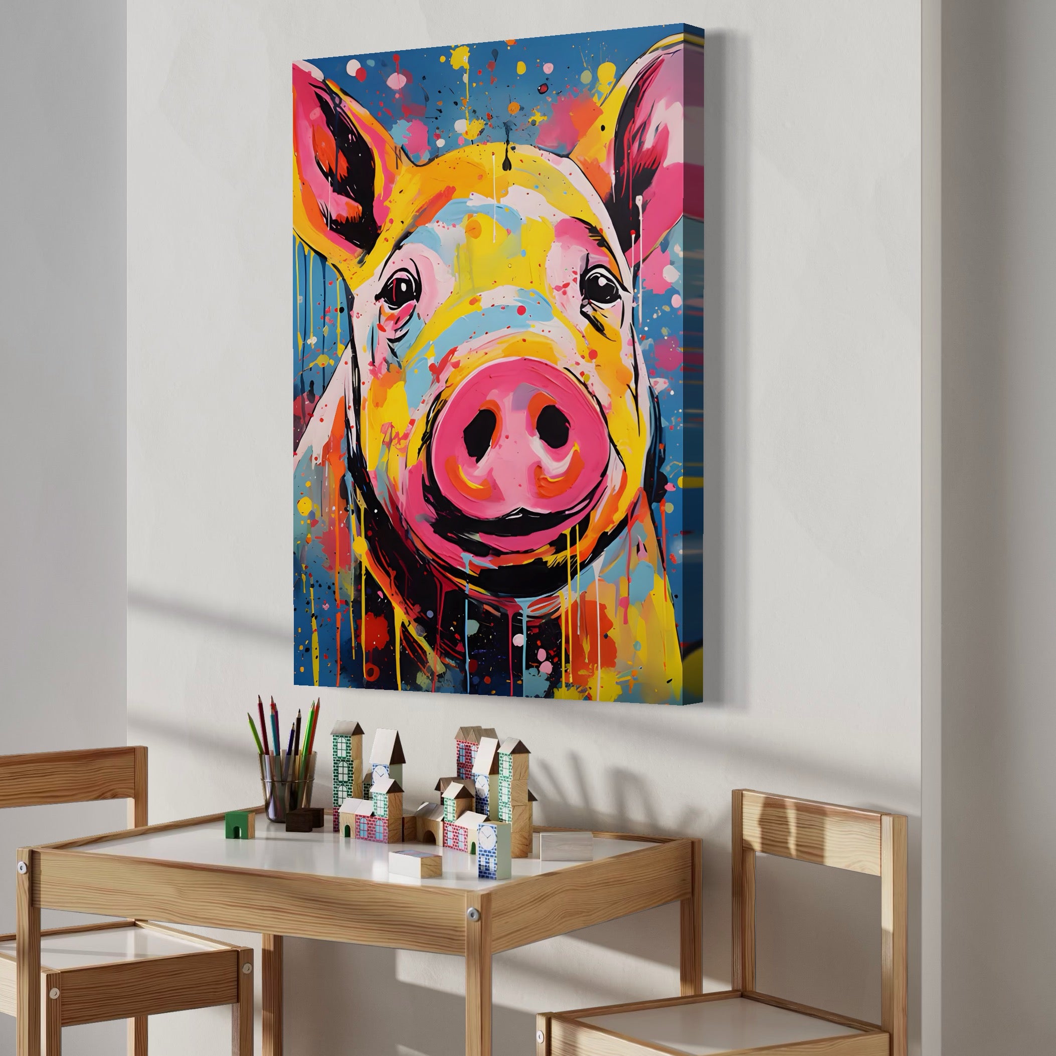 Tablou Canvas Premium LuxCanva® A1542, Colorful Pig , Room, Animal, Porc, Multicolor, Decorativ, Living, Culori Vibrante