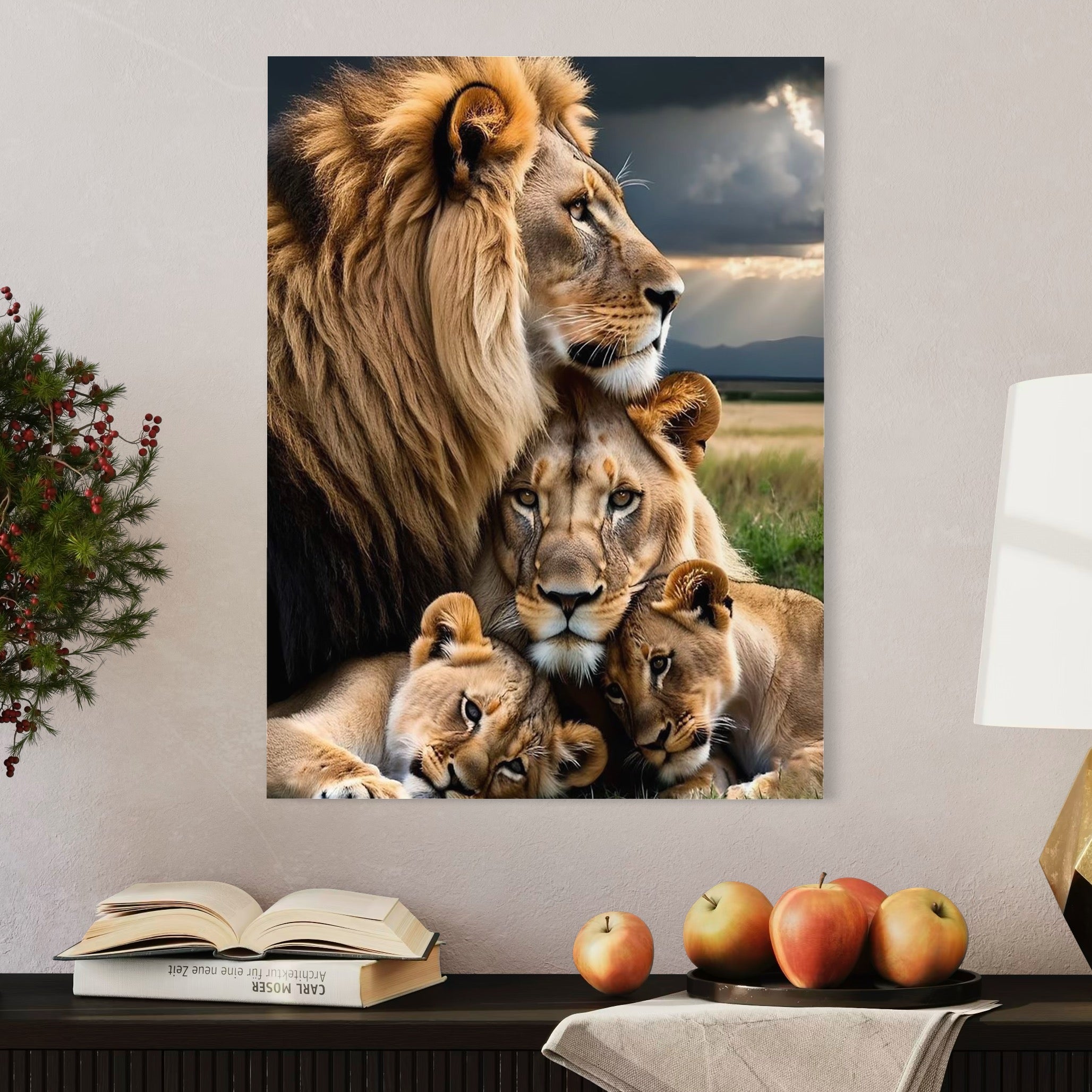 tablou canvas cu o familie de lei, cu doi pui pe fundal cu peisaj luminos din natura