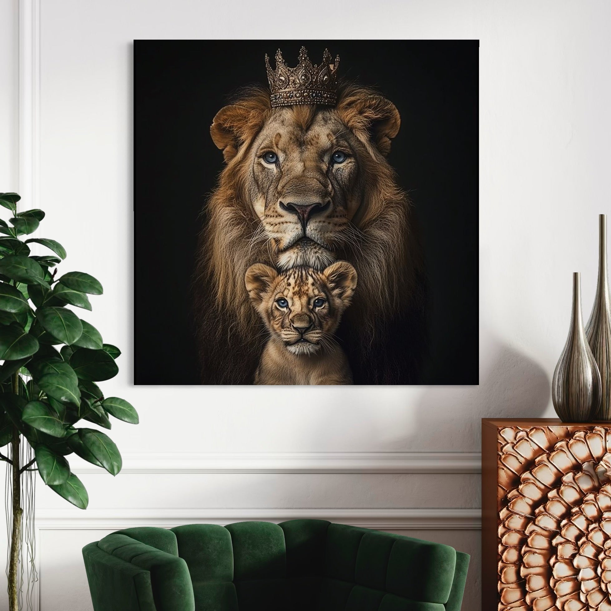 tablou canvas cu un pui de leu si un leu cu o coroana aurie, pe fundal negru