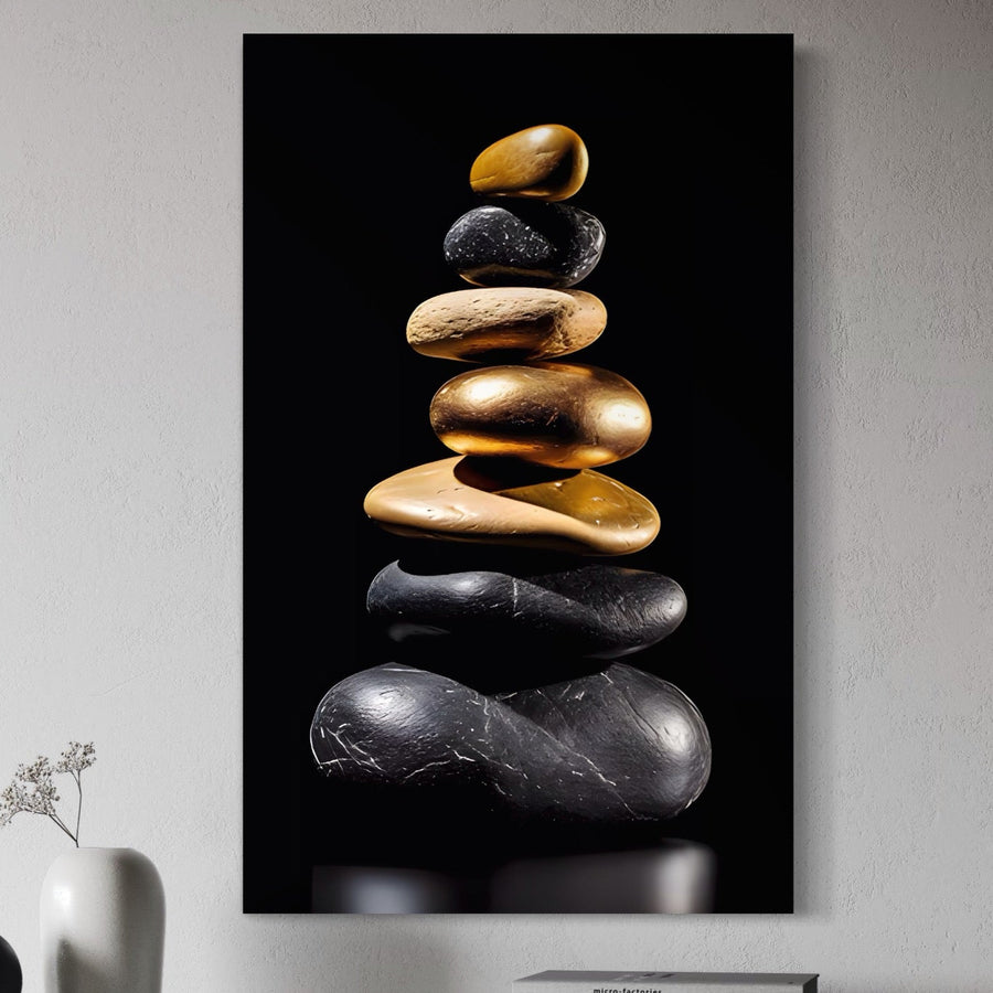 Tablou Canvas Premium LuxCanva® A1556, cu pietre vibrante aurii și negre, decorează un perete luminos deasupra unei vaze cu flori uscate, adăugând stil premium și echilibru spațiului dvs. de locuit.