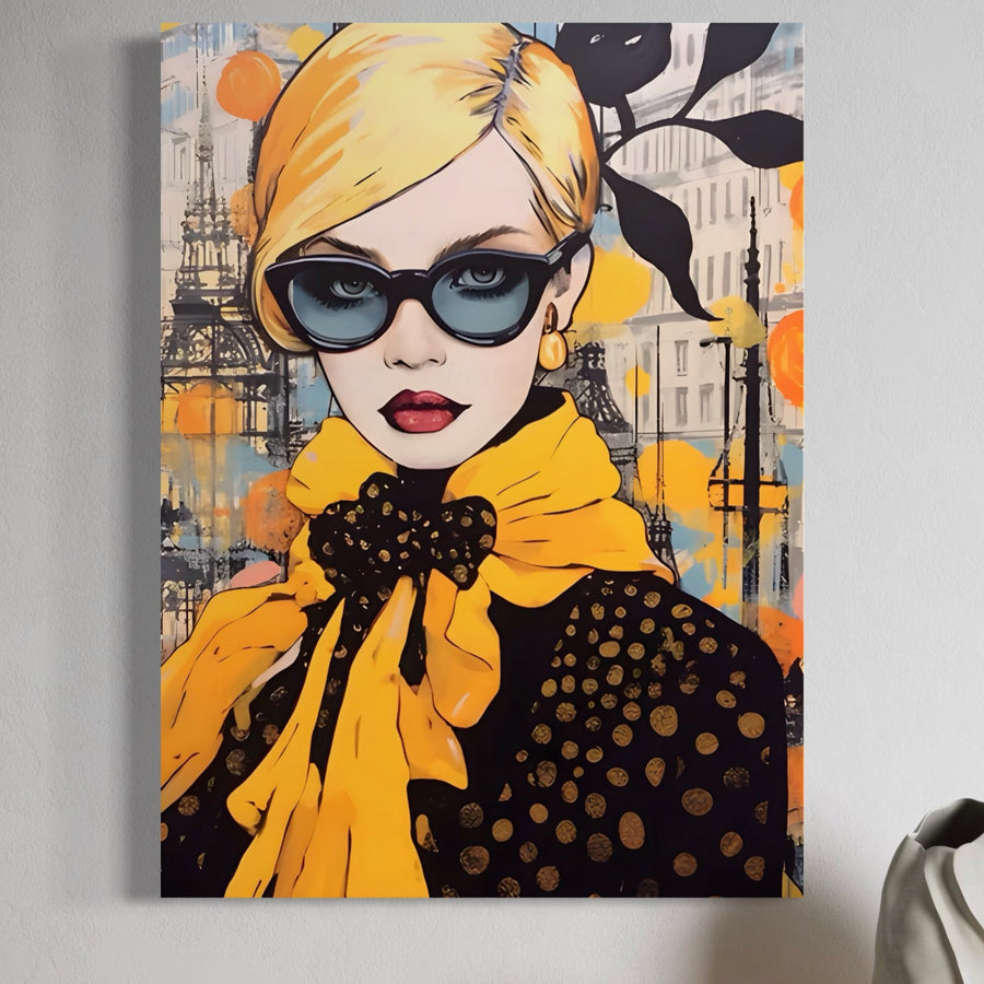 Tablou Canvas Premium LuxCanva® A1553 - Fata cu esarfa, ochelari de soare, aurii, outfit negru cu buline, in fundal urban abstract cu accente portocalii; print profesional pe panza bumbac. Decor pentru dormitor sau living.