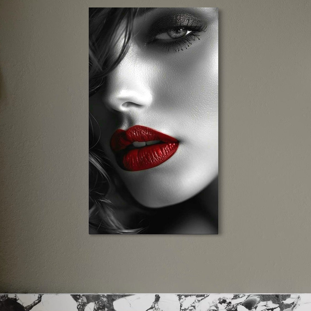 tablou canvas cu o frumusete feminina cu buzele in nuanta de rosu aprins intr-un portret seducator alb si negru