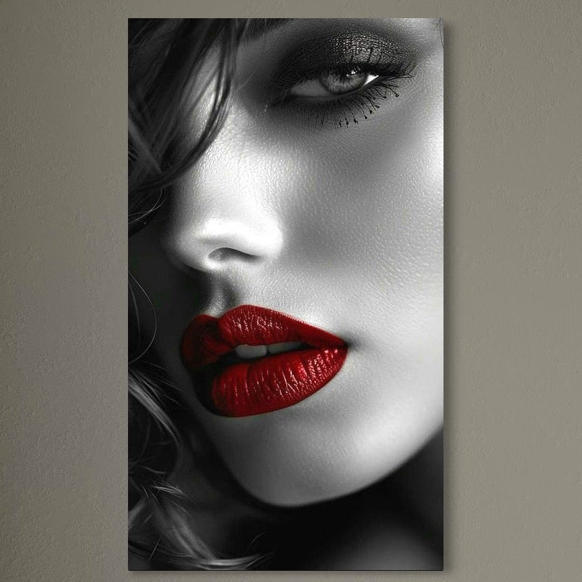Tablou Canvas Premium LuxCanva® P1020 "Farmec Interzis": portret alb-negru al unei femei senzuale, cu buze roșii și privire misterioasă, ideal pentru dormitor sau living. Print calitate premium pe pânză bumbac.