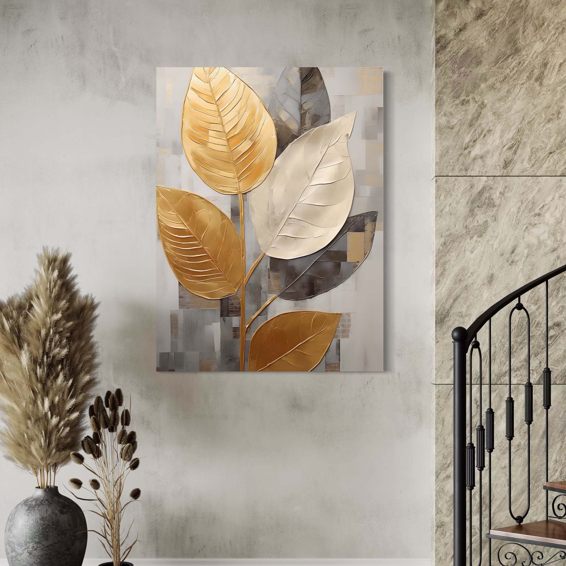 Tablou Canvas Premium LuxCanva® A1560, Simfonia Frunzelor , Dormitor, Decorativ, Natura, Auriu, Living, Culori Vibrante