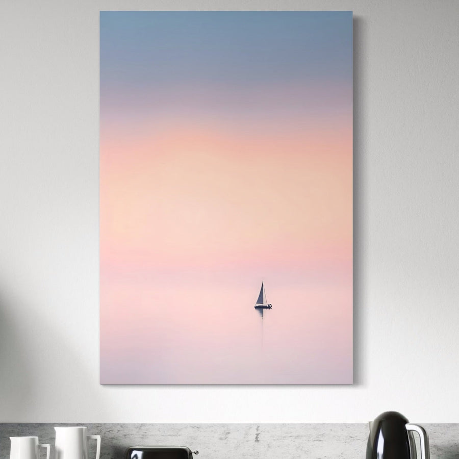 Tablou Canvas Premium LuxCanva® A1565, Undeva In Larg, decorativ cu barcă cu vele la răsărit pe mare și culori vibrante, ideal pentru dormitor sau living; printat pe pânză bumbac premium pentru un decor seren și rafinat.