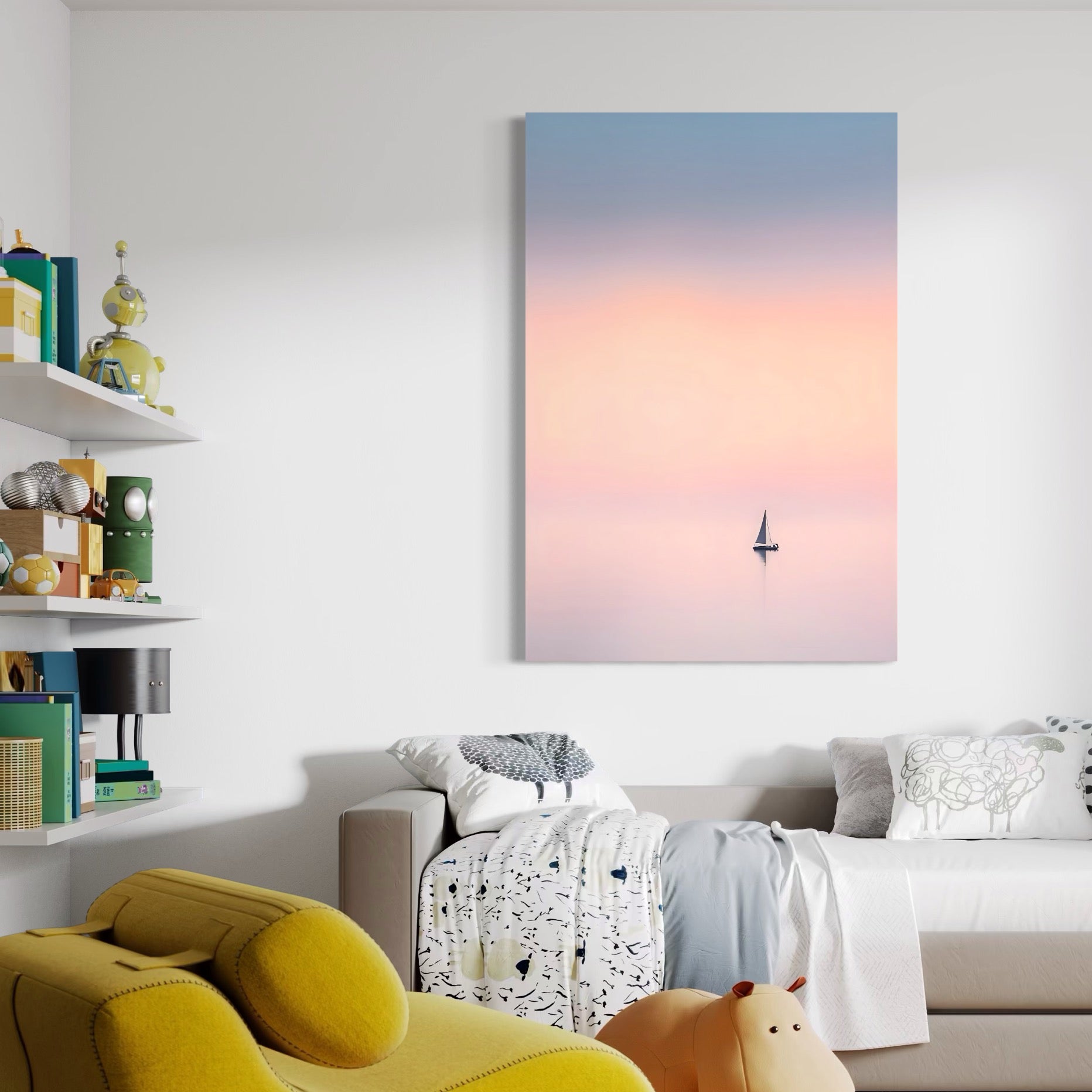 Tablou Canvas Premium LuxCanva® A1565, Undeva In Larg ,  Dormitor, Decorativ, Barca Cu Vele, Mare, Rasarit, Living, Culori Vibrante