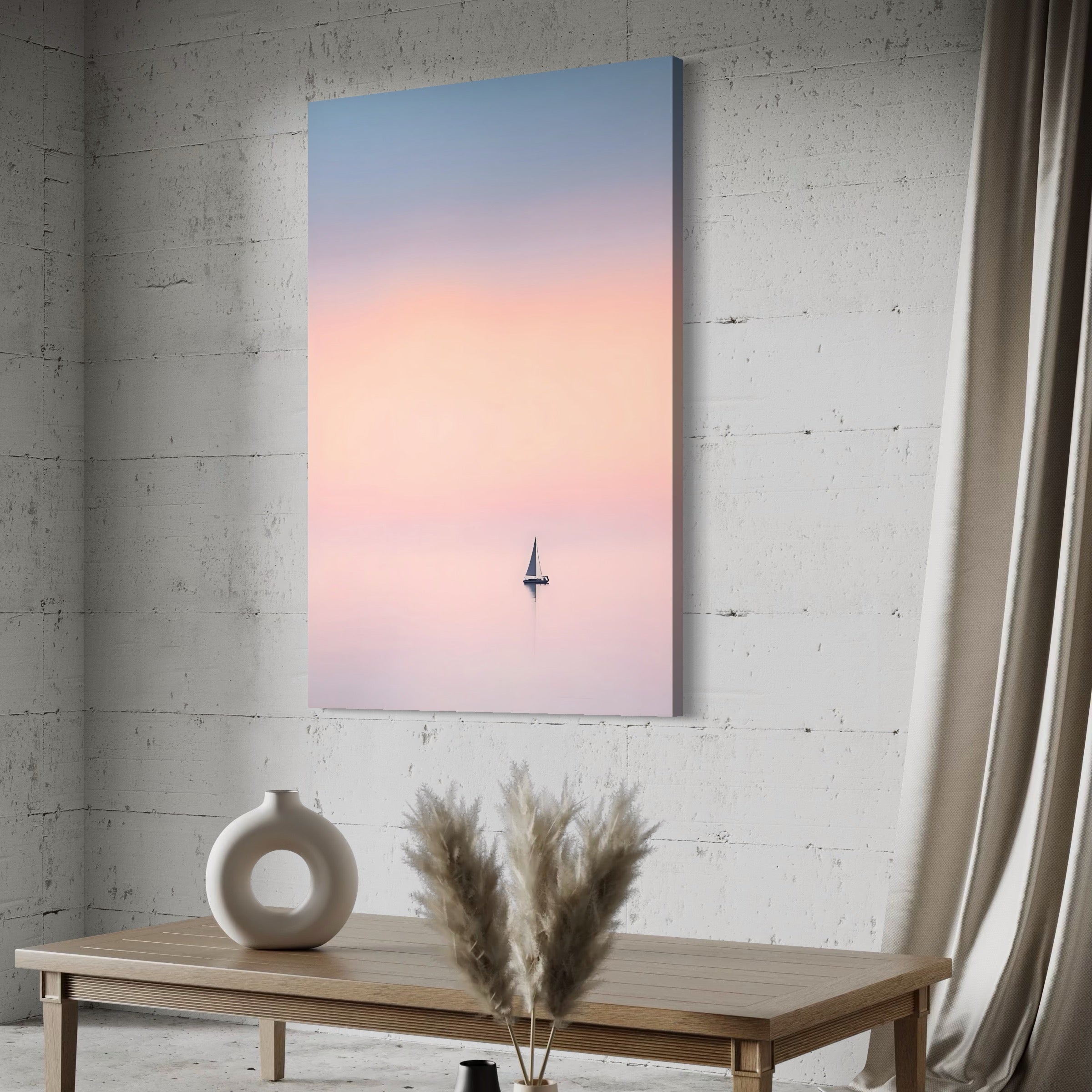 Tablou Canvas Premium LuxCanva® A1565, Undeva In Larg ,  Dormitor, Decorativ, Barca Cu Vele, Mare, Rasarit, Living, Culori Vibrante