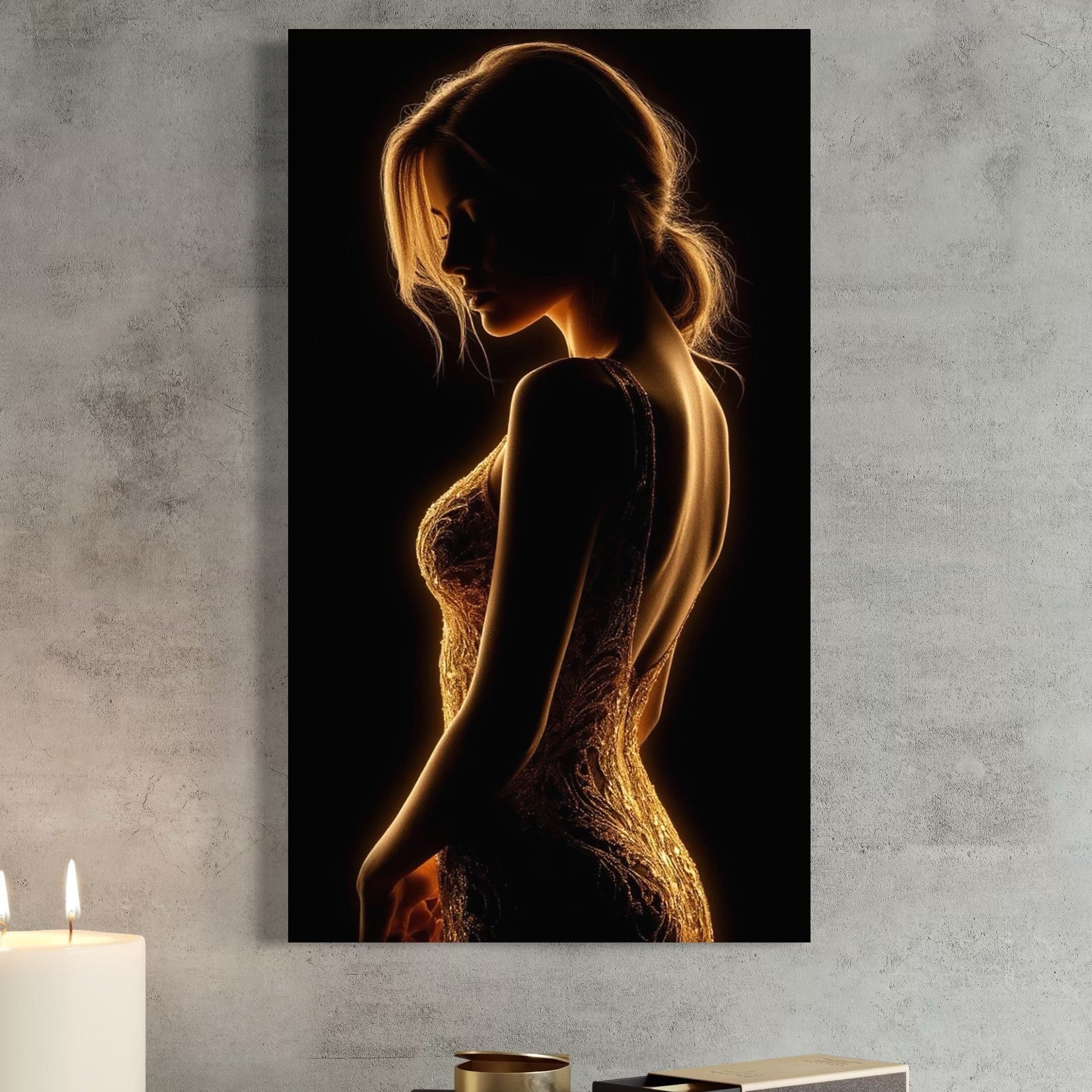 tablou canvas cu silueta luminata a unei femei intr-o rochie eleganta, pe fundal negru