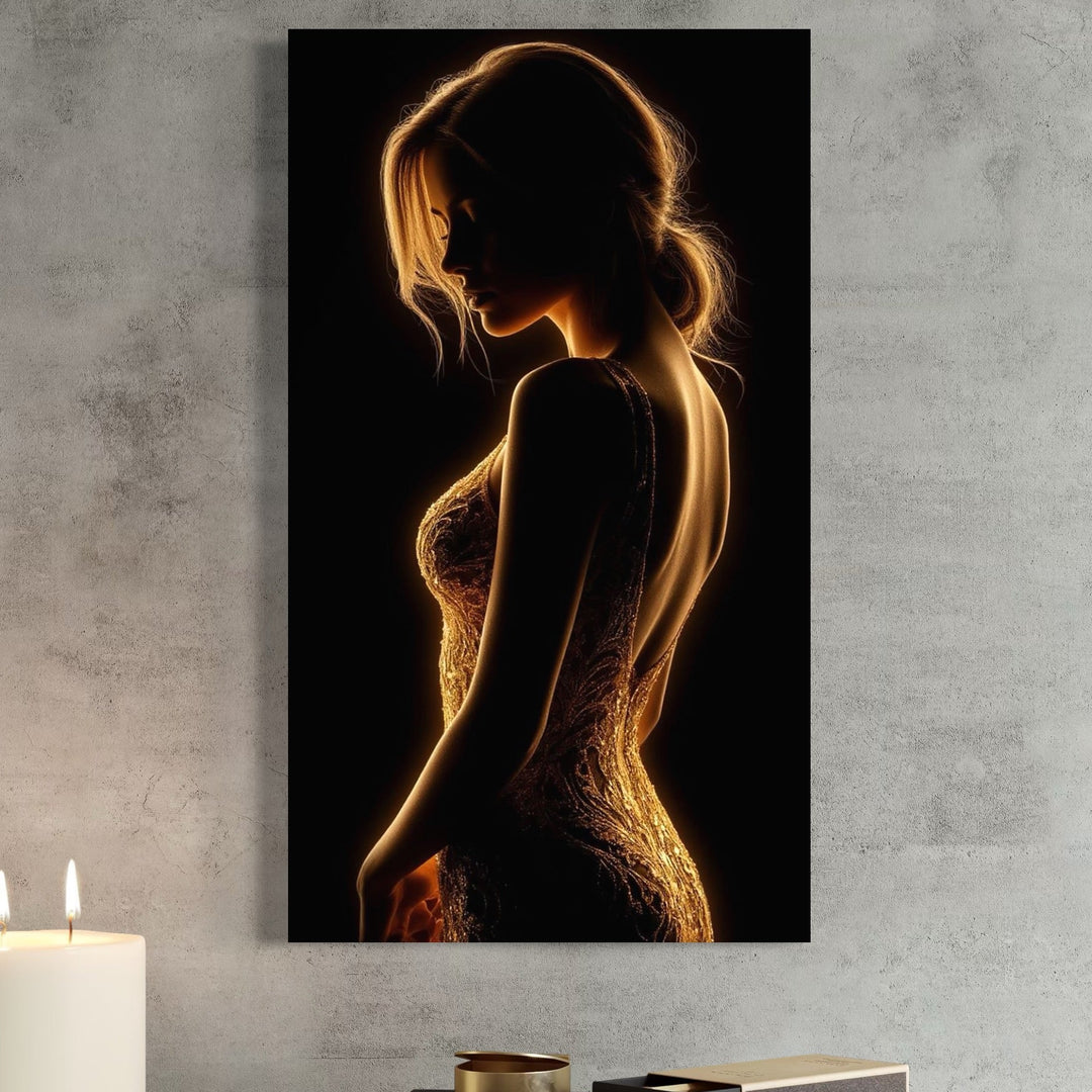 tablou canvas cu silueta luminata a unei femei intr-o rochie eleganta, pe fundal negru