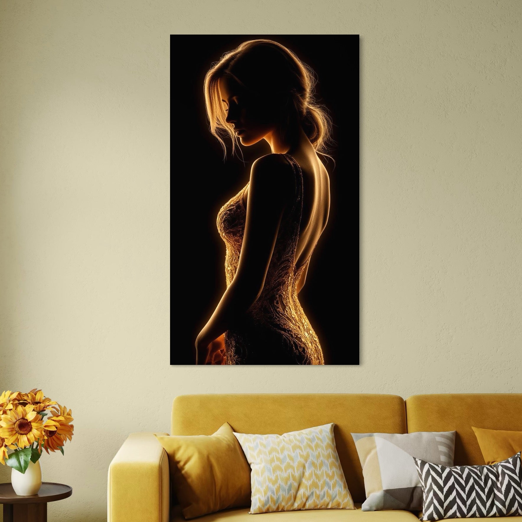 tablou canvas cu silueta luminata a unei femei intr-o rochie eleganta, pe fundal negru