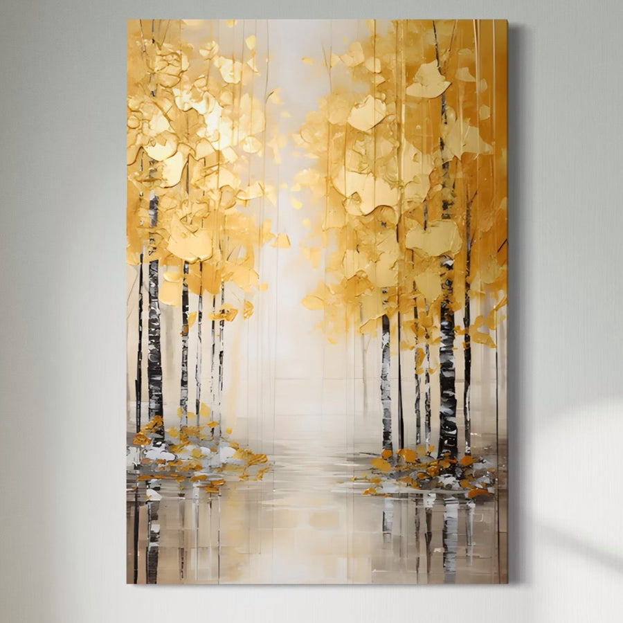Adăugați căldură și eleganță camerei dvs. cu Tablou Canvas Premium LuxCanva® A1567. Cu copaci aurii vibranți, picături de ploaie și reflexii, această imprimare pe pânză premium aduce o notă senină oricărui spațiu de locuit de la LuxCanva®.