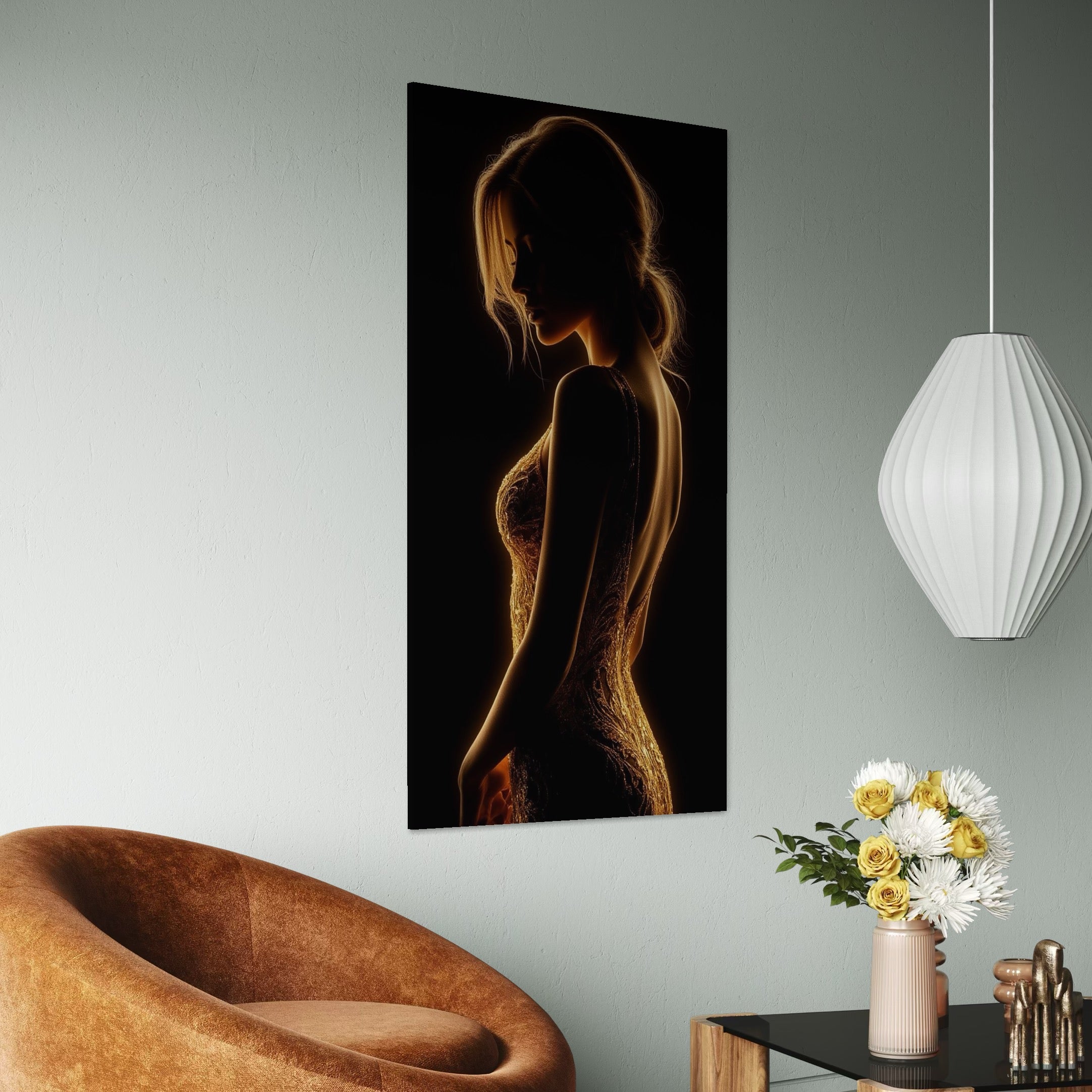 tablou canvas cu silueta luminata a unei femei intr-o rochie eleganta, pe fundal negru