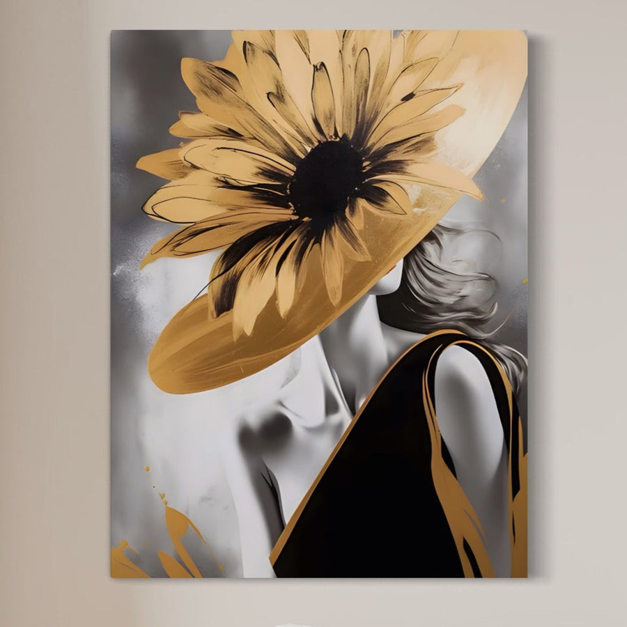 Tablou Canvas Premium LuxCanva® A1564 - portret modern de doamnă cu păr lung și pălărie floarea-soarelui, în culori vibrante, perfect pentru living sau dormitor. Artă pe pânză bumbac, calitate premium LuxCanva®.