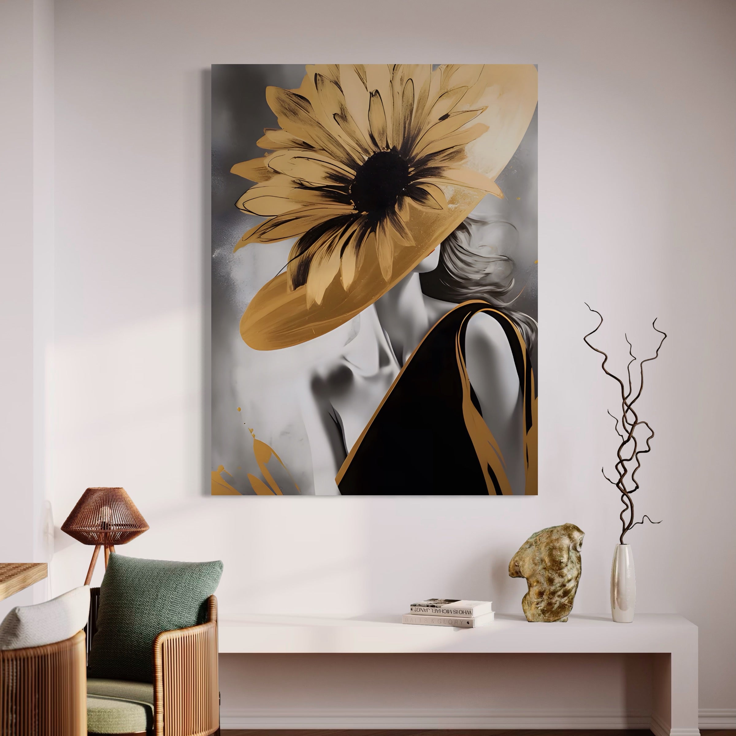 Tablou Canvas Premium LuxCanva® A1564, Cu Fata Spre Soare , Living, Palarie, Floarea Soarelui, Doamna, Dormitor, Culori Vibrante