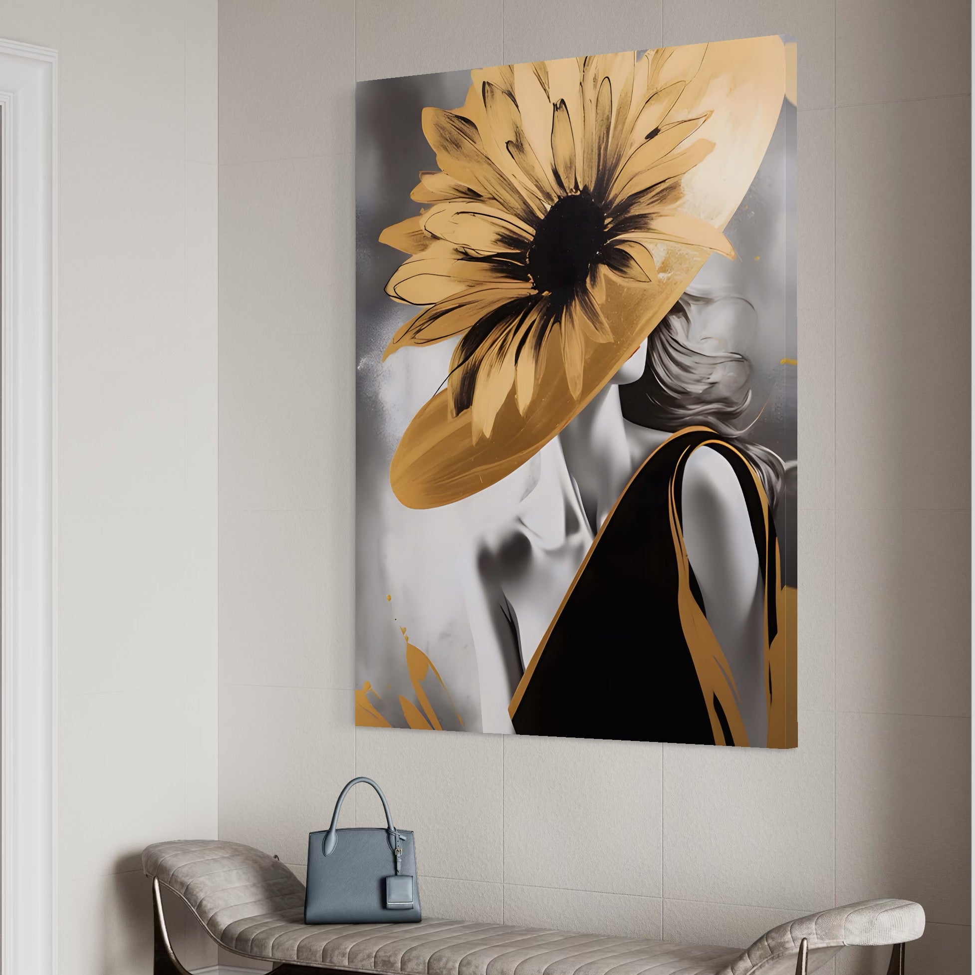 Tablou Canvas Premium LuxCanva® A1564, Cu Fata Spre Soare , Living, Palarie, Floarea Soarelui, Doamna, Dormitor, Culori Vibrante