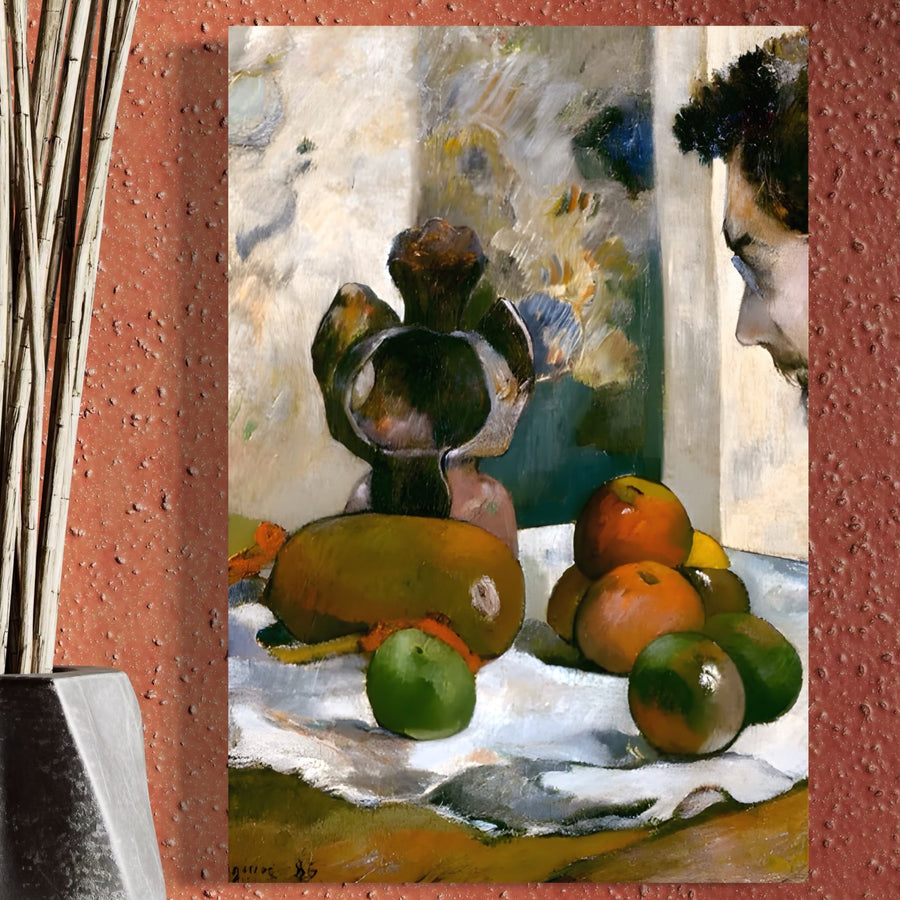 Tablou Canvas Premium LuxCanva® A1558, "Natura Moarta Cu Profilul Lui Laval", inspiră eleganță și culoare vibrantă în living cu arta lui Paul Gauguin, artist și geniu aventurier, aducând rafinament pe orice perete.